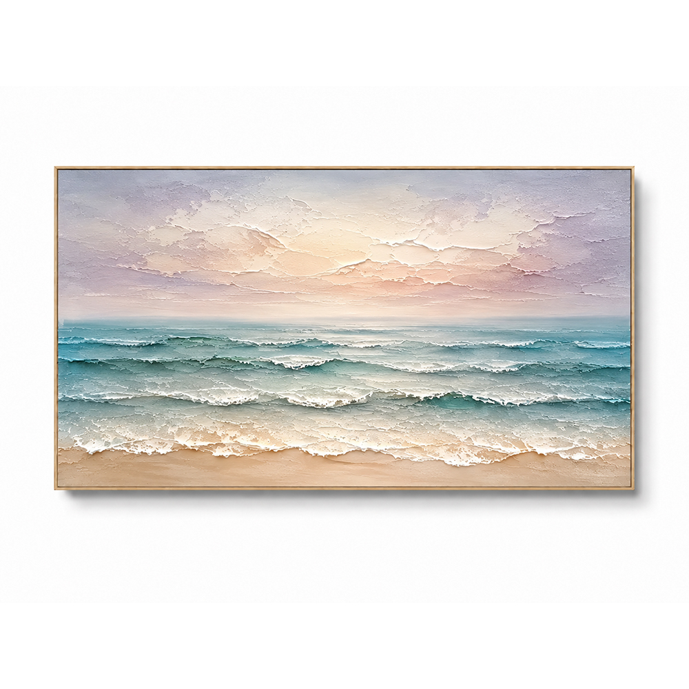 Texture Painting Art – Pastel Beach Waves Textured Handmade Oil Painting Wall Art