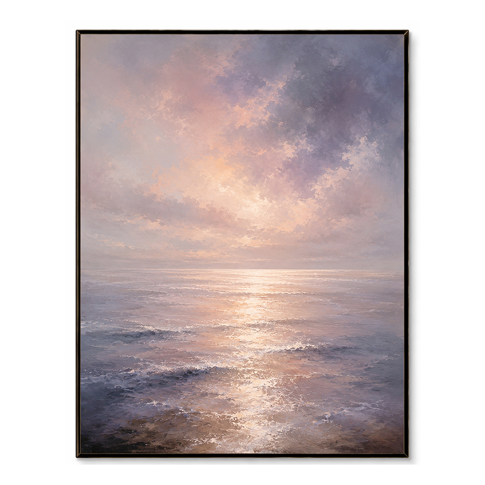 Minimalist Painting Art – Sunset Ocean Reflection Textured Handmade Oil Painting Wall Art