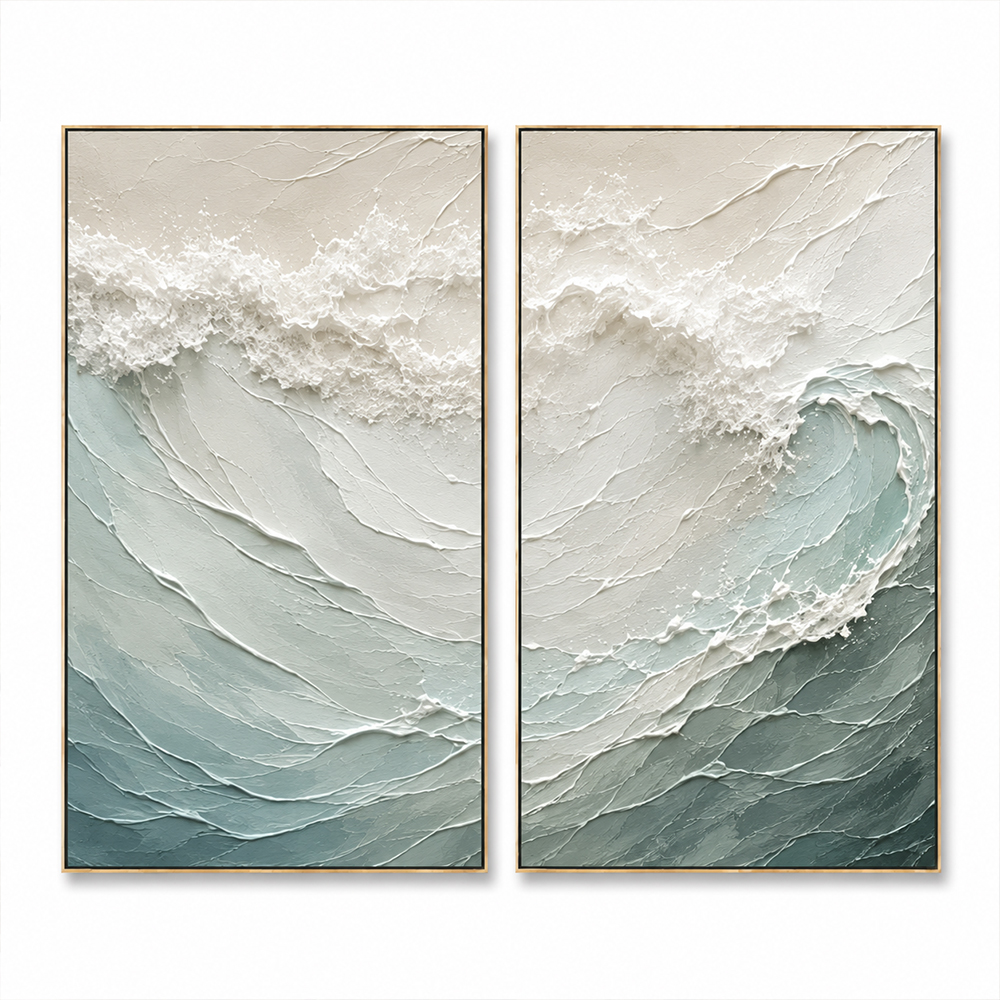 Minimalist Painting Art – Textured Ocean Wave Diptych