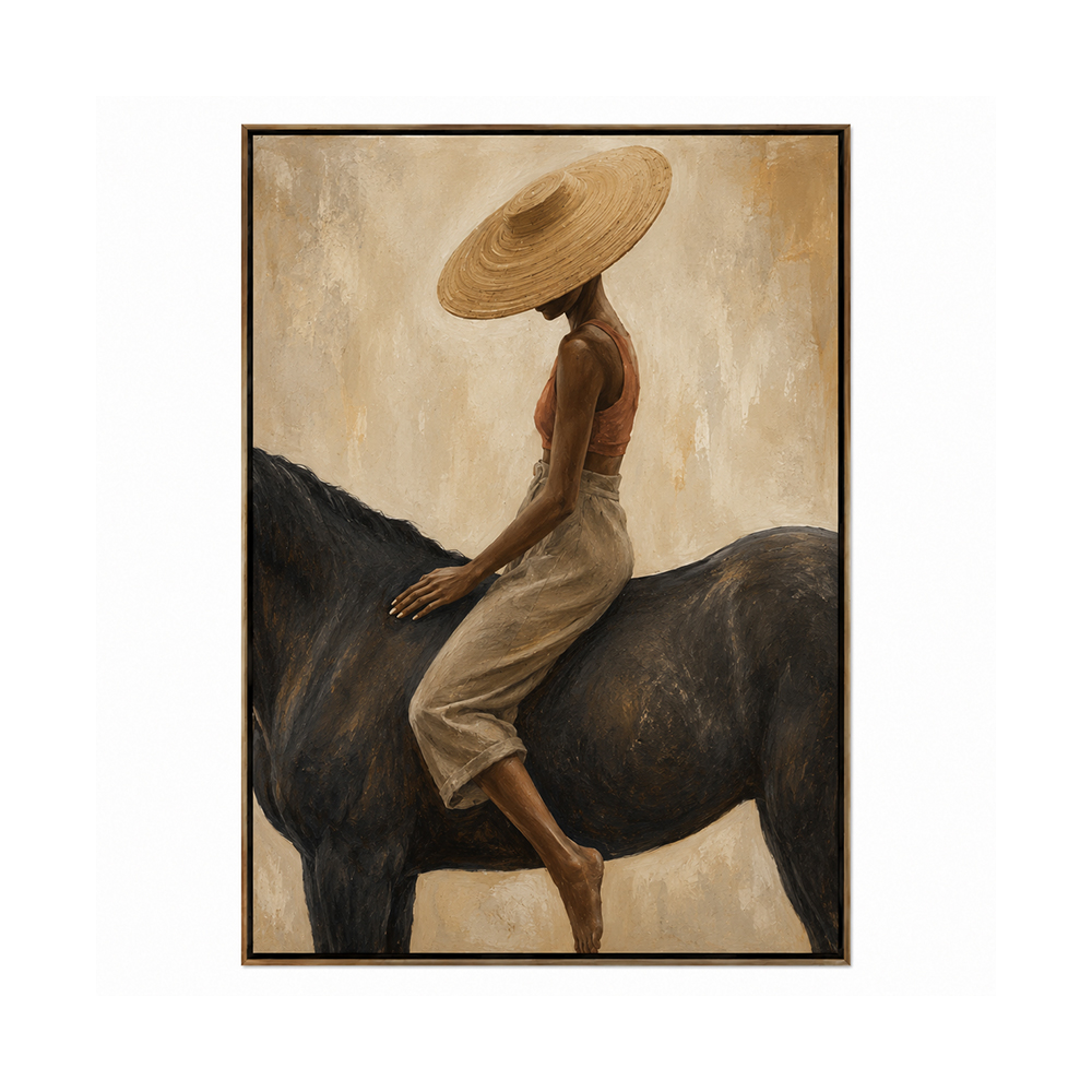 Vintage Americana Art – Handmade Woman & Dark Horse Textured Oil Painting