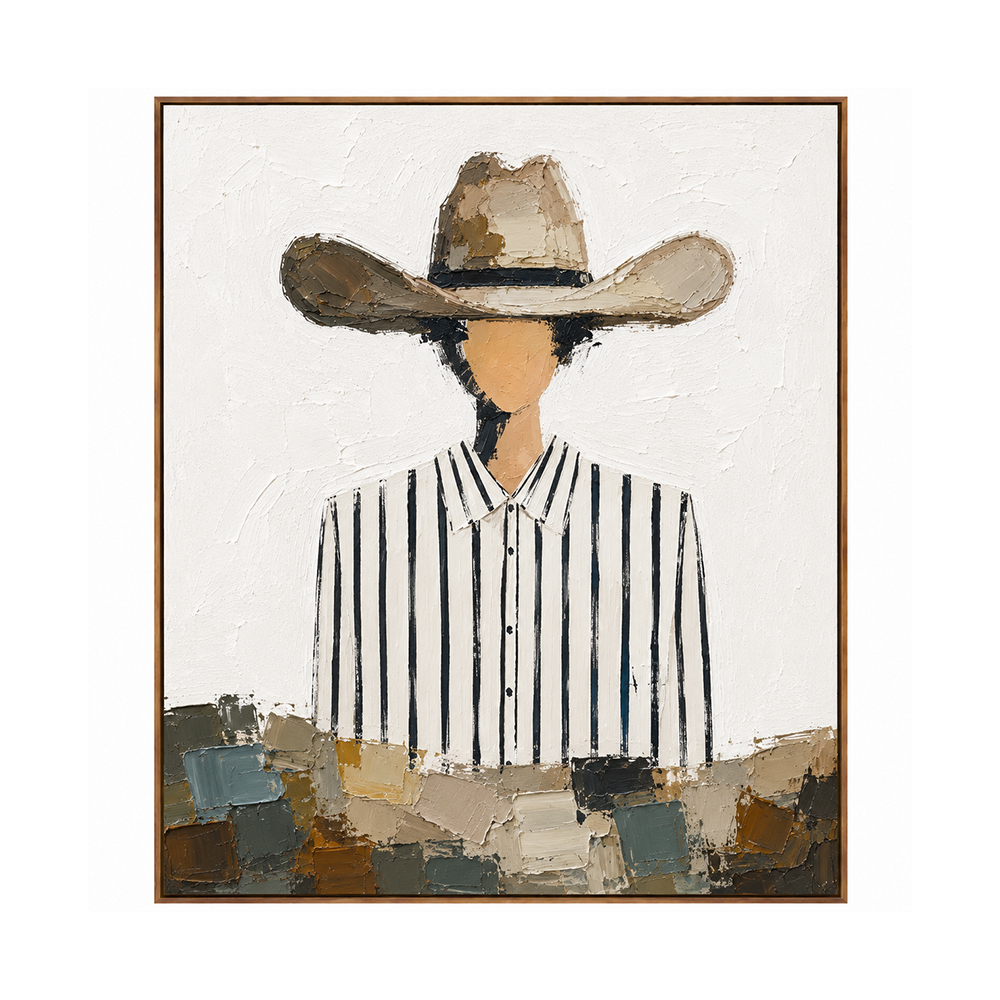 Vintage Americana Art – Striped Shirt Cowboy Textured Handmade Oil Painting Wall Art