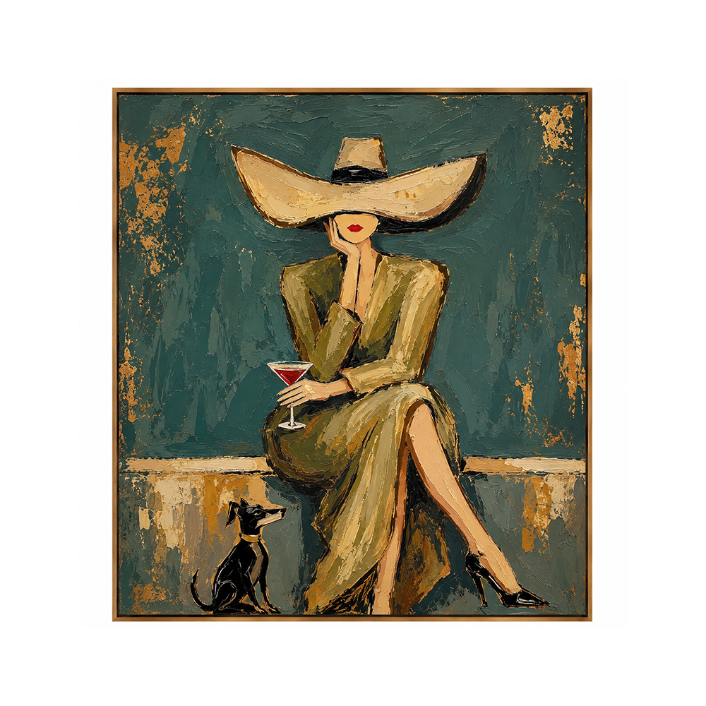 Vintage Americana Art – Hat Lady with Cocktail & Dog Textured Handmade Oil Painting Wall Art