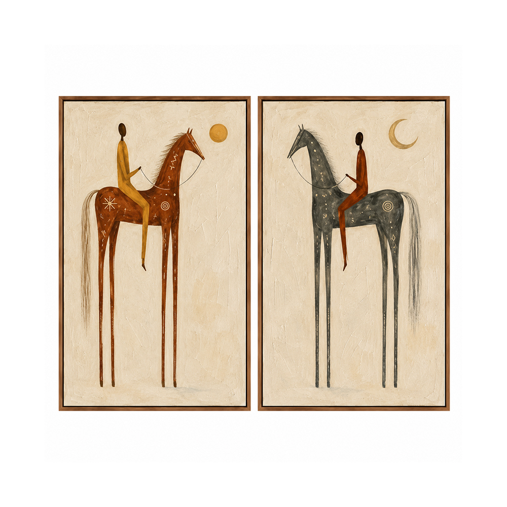 Vintage Americana Art – Sun & Moon Equestrian Diptych Textured Handmade Oil Painting Wall Art