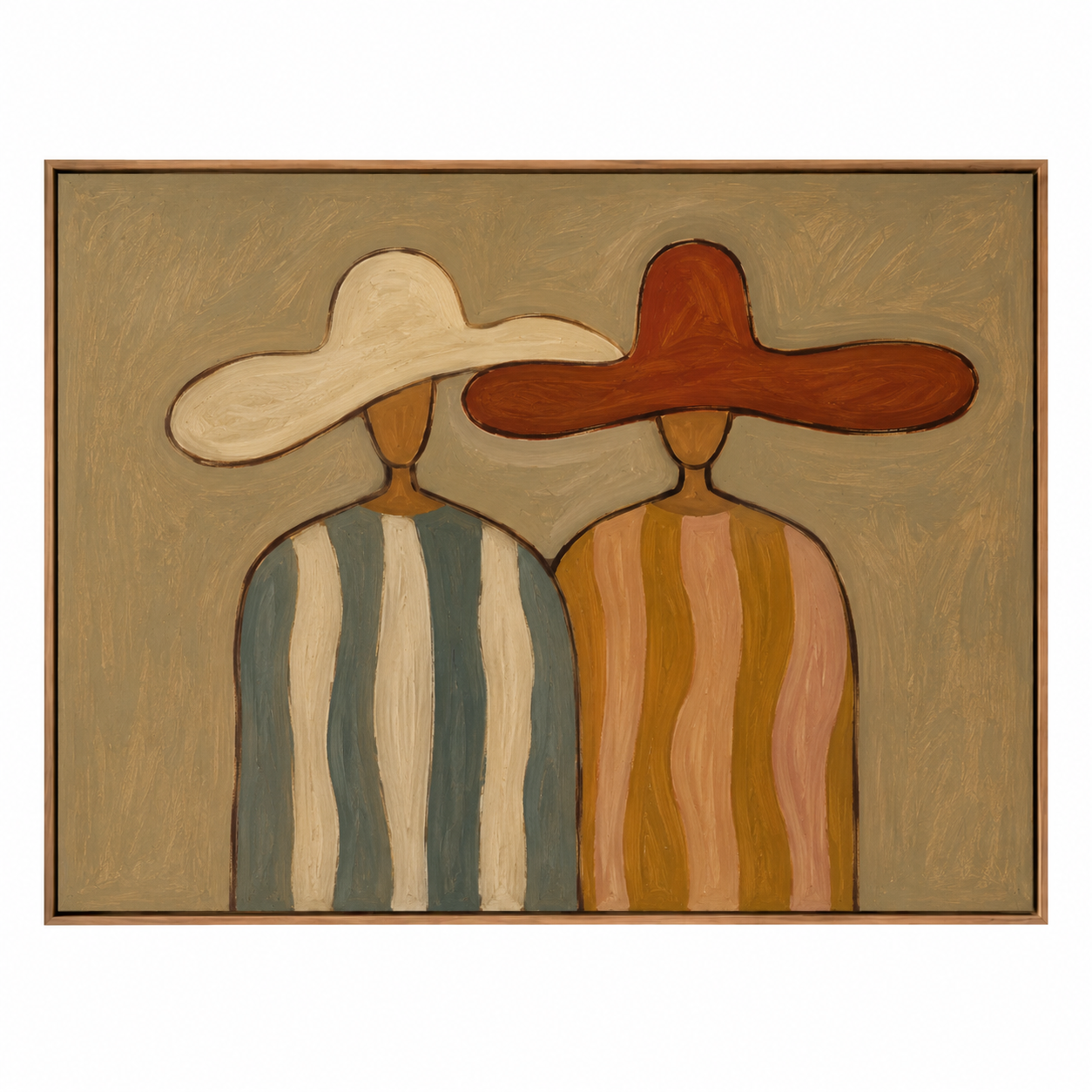 Vintage Americana Art – Earthy Minimalist Abstract Figure Handmade Textured Oil Painting Wall Art
