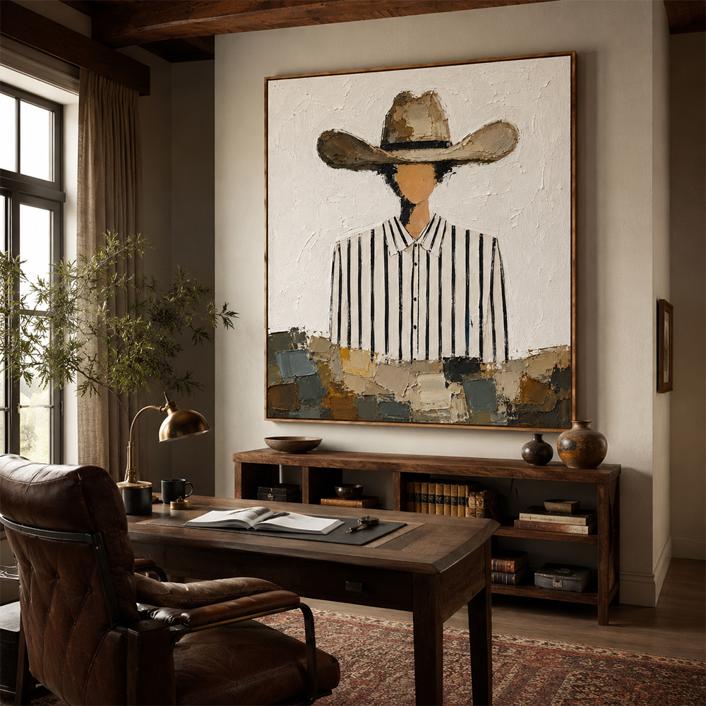 Vintage Americana Art – Striped Shirt Cowboy Textured Handmade Oil Painting Wall Art