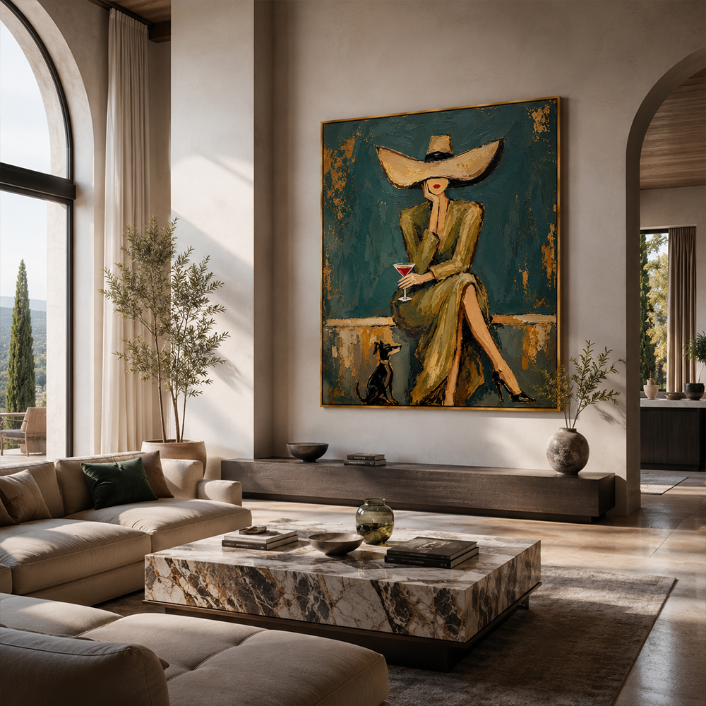 Vintage Americana Art – Hat Lady with Cocktail & Dog Textured Handmade Oil Painting Wall Art