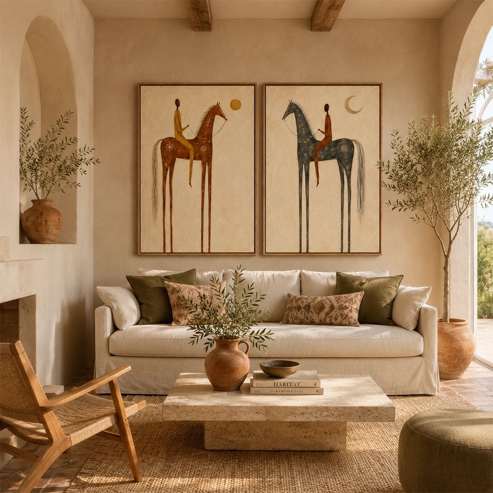 Vintage Americana Art – Sun & Moon Equestrian Diptych Textured Handmade Oil Painting Wall Art