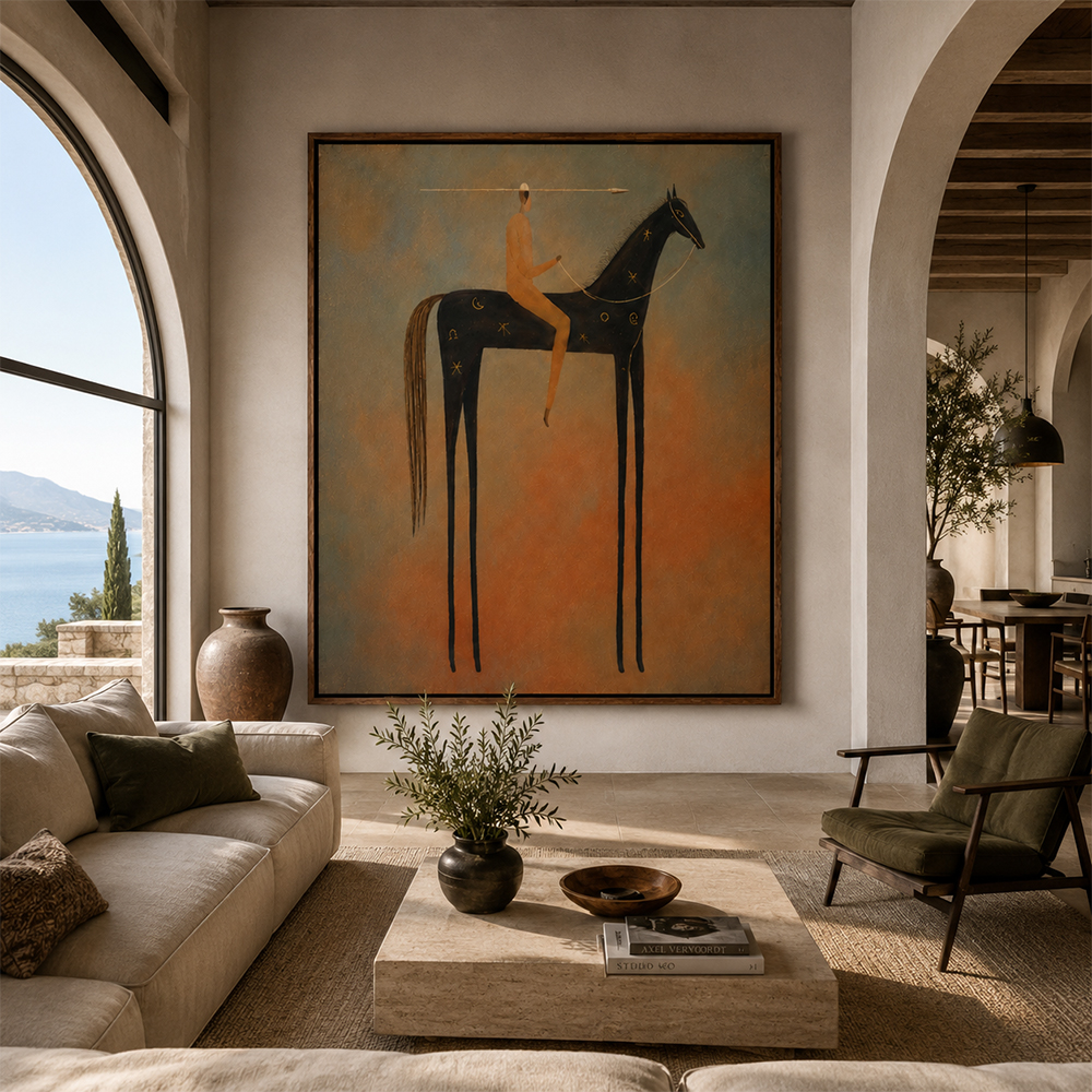 Vintage Americana Art – Celestial Starry Horse Rider Textured Handmade Oil Painting Wall Art