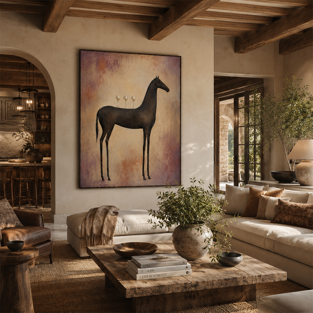 Vintage Americana Art – Slender Dark Horse with Wine Glasses Textured Handmade Oil Painting Wall Art
