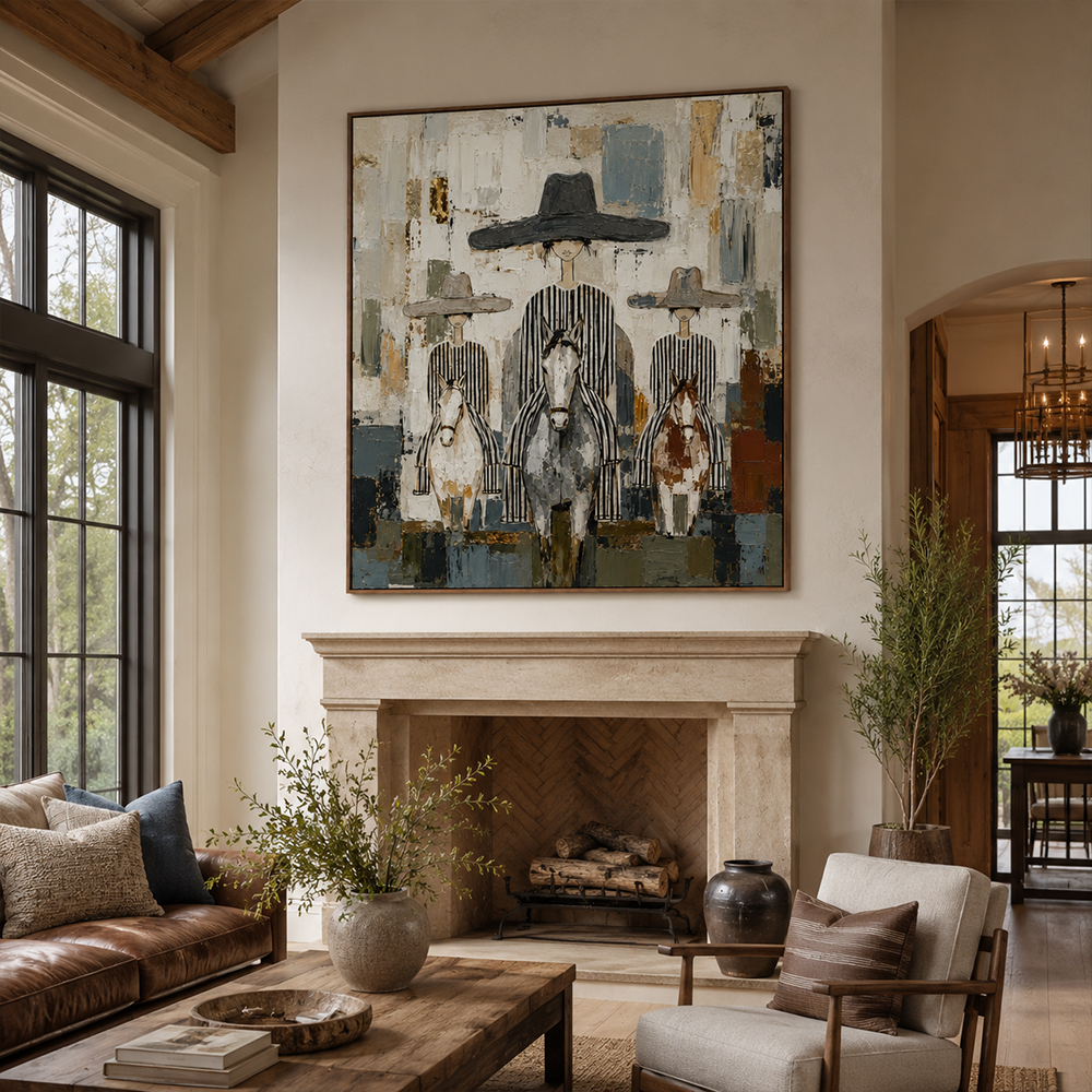 Vintage Americana Art – Three Striped Hat Ladies & Horses Textured Handmade Oil Painting Wall Art