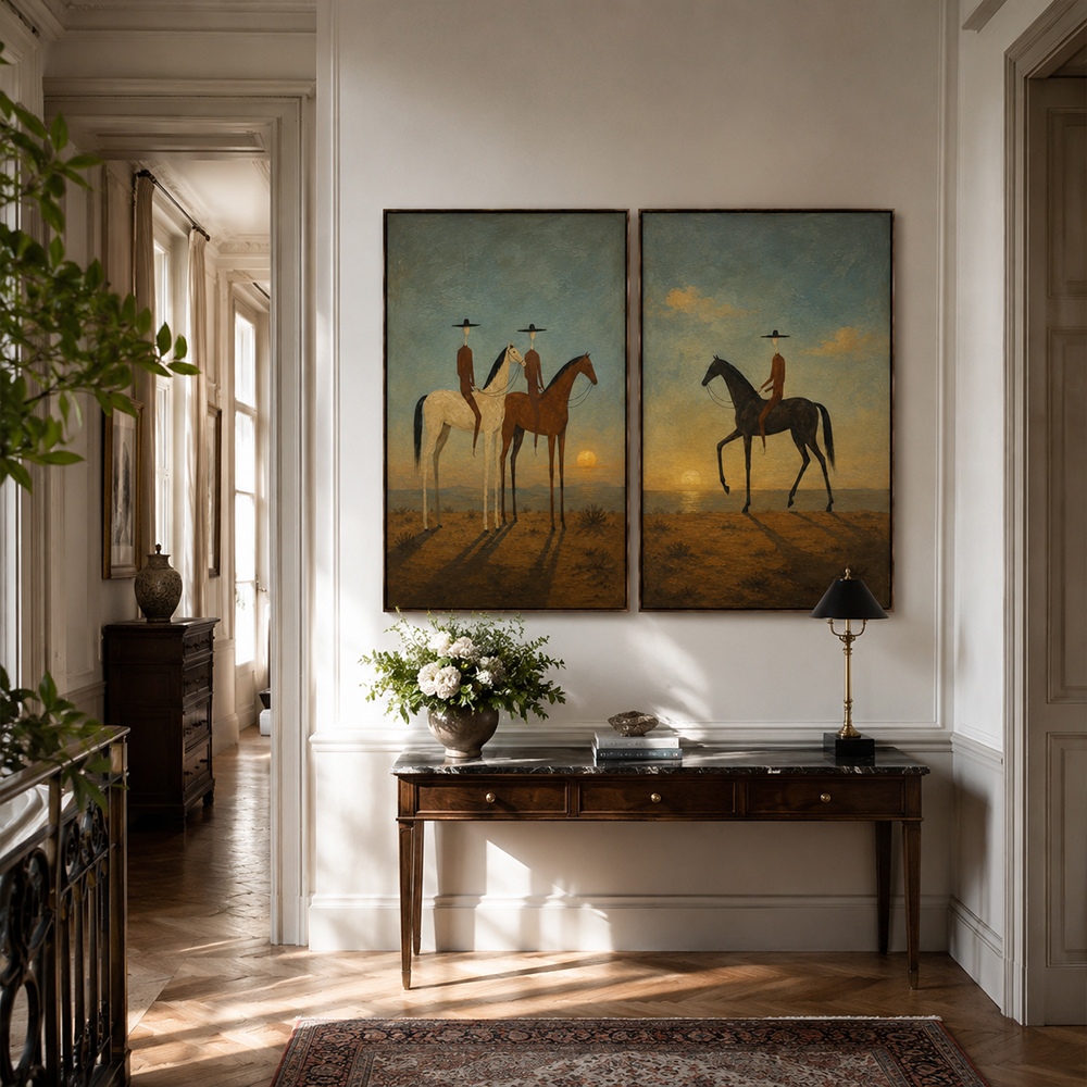 Vintage Americana Art – Sunset Cowboy Horse Diptych Textured Handmade Oil Painting Wall Art