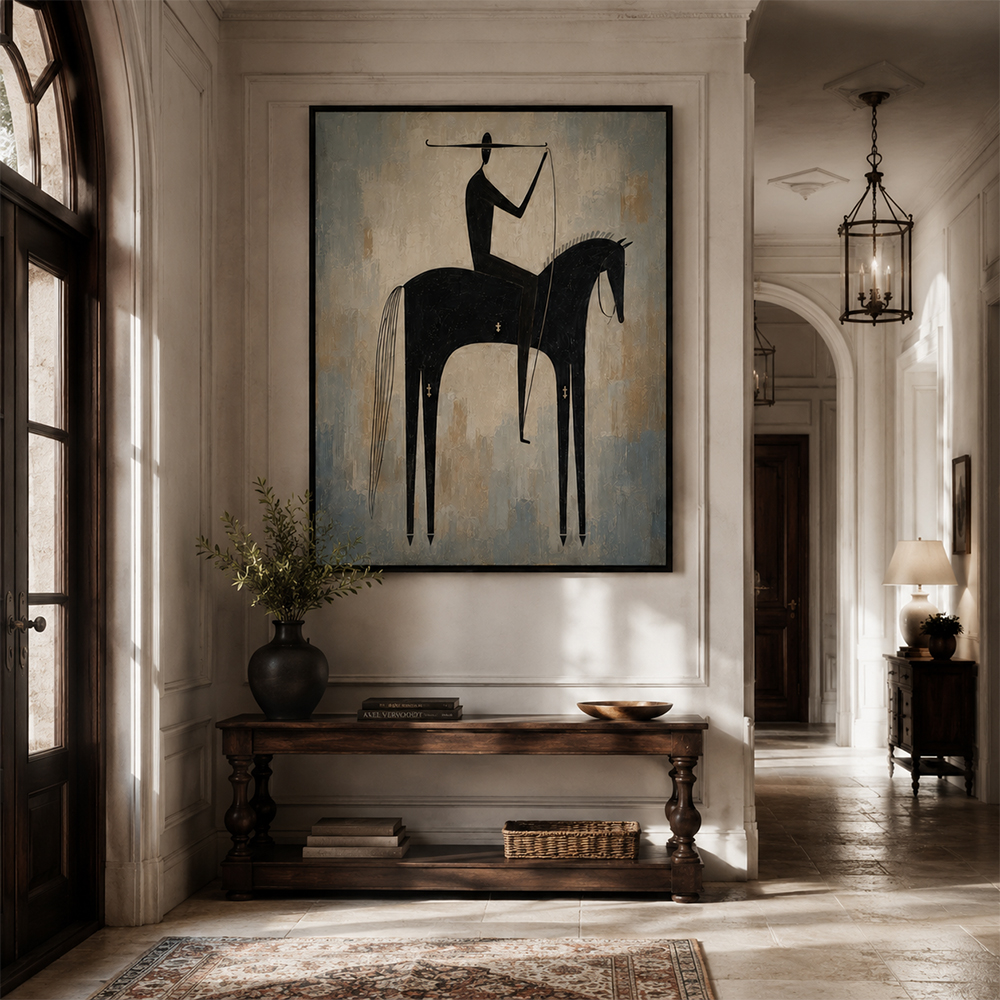 Vintage Americana Art – Primitive Black Horse Rider Textured Handmade Oil Painting Wall Art