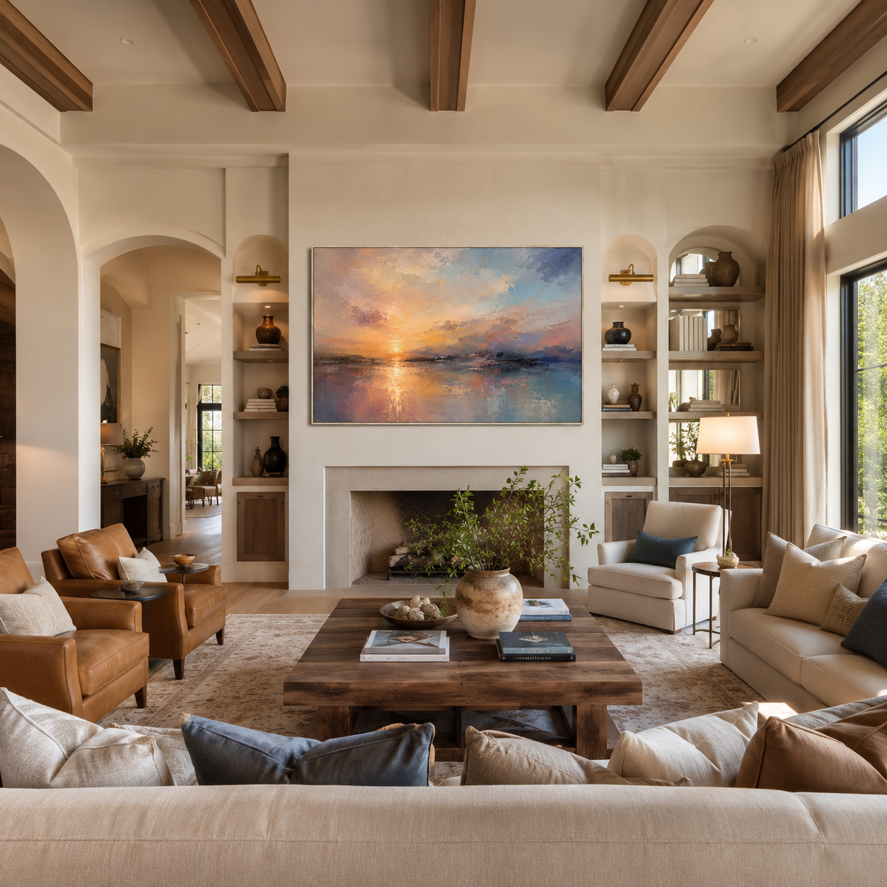 Abstract Wall Art – Sunset Lakescape Textured Handmade Oil Painting Wall Art