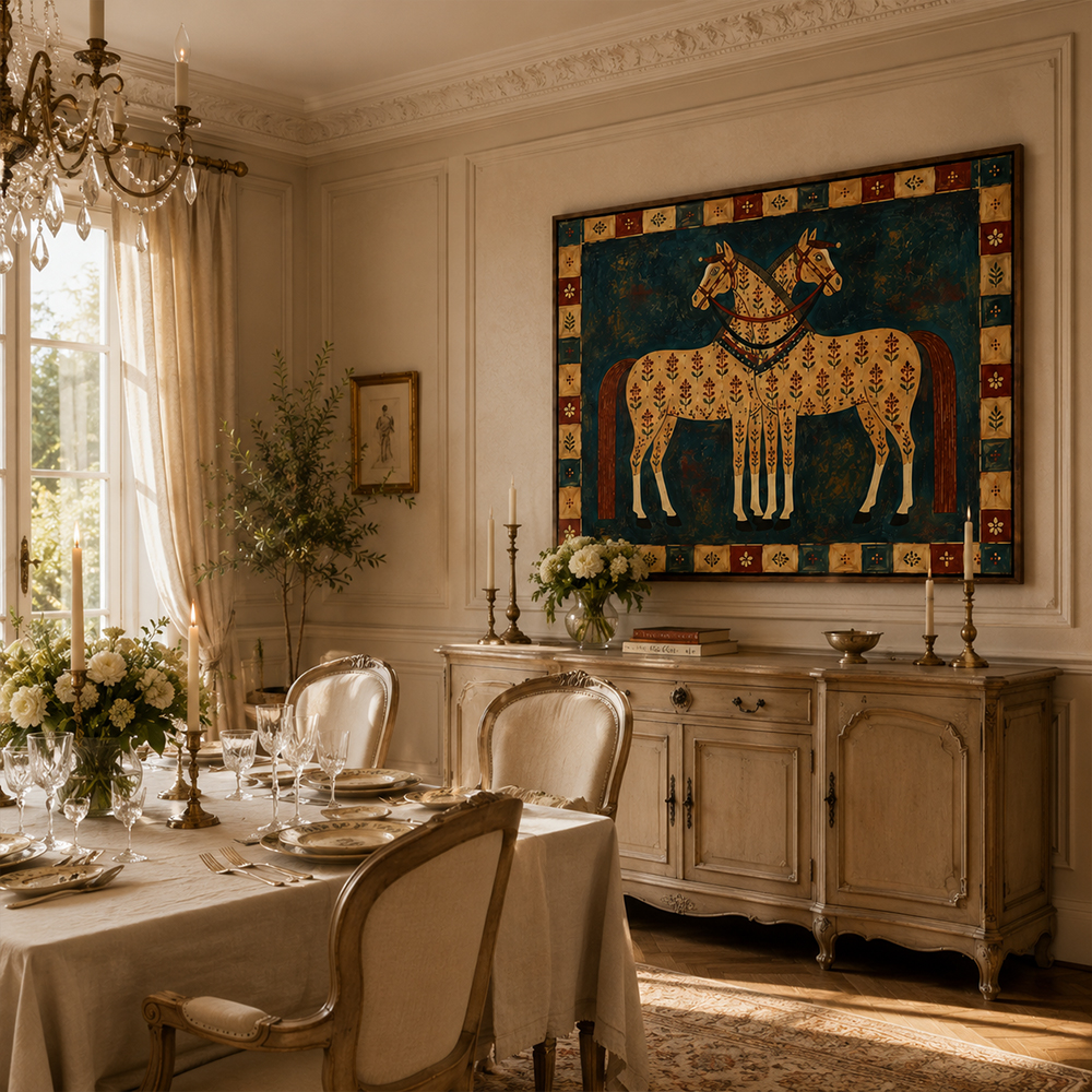 Vintage Americana Art – Folk Twin Horses Textured Handmade Oil Painting Wall Art