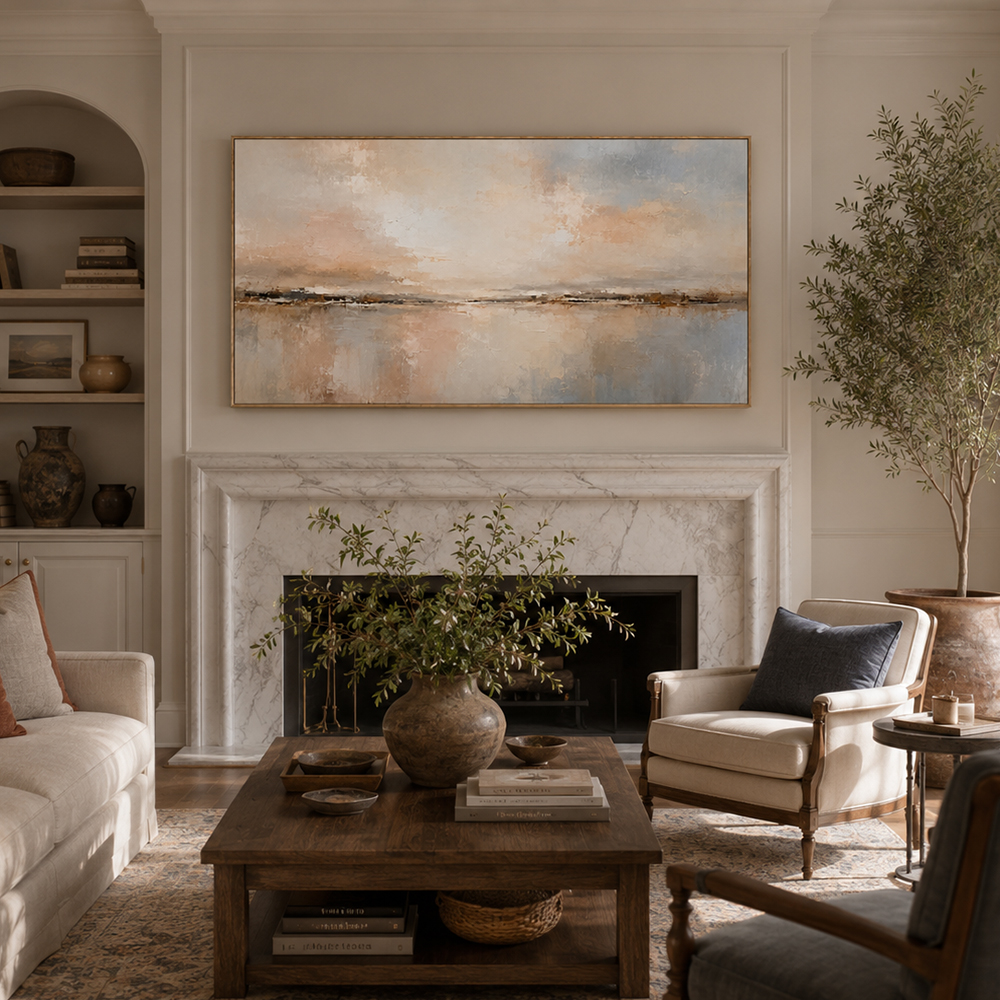 Abstract Wall Art – Neutral Lakescape Textured Handmade Oil Painting Wall Art