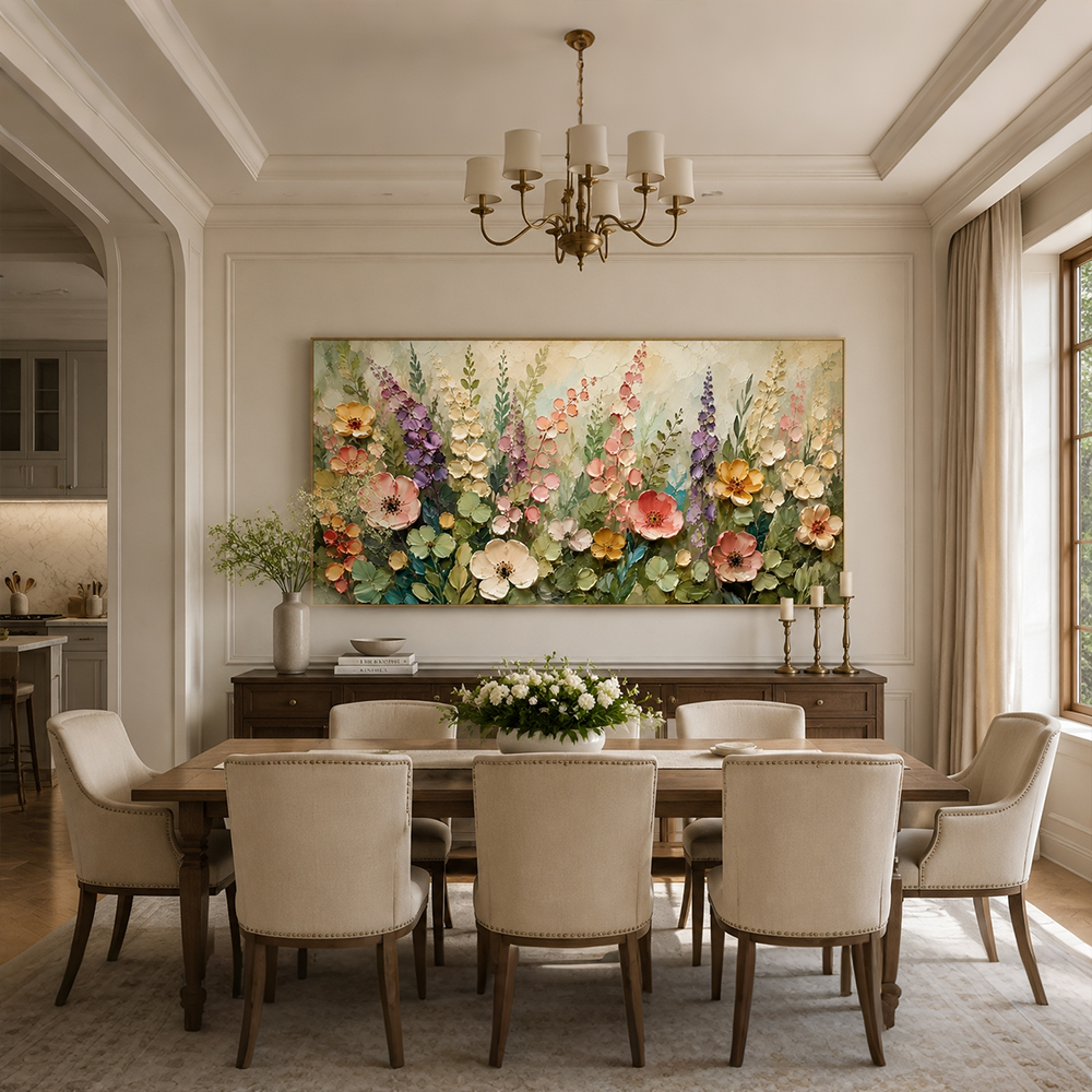 Texture Painting Art – Pastel Wildflower Textured Handmade Oil Painting Wall Art