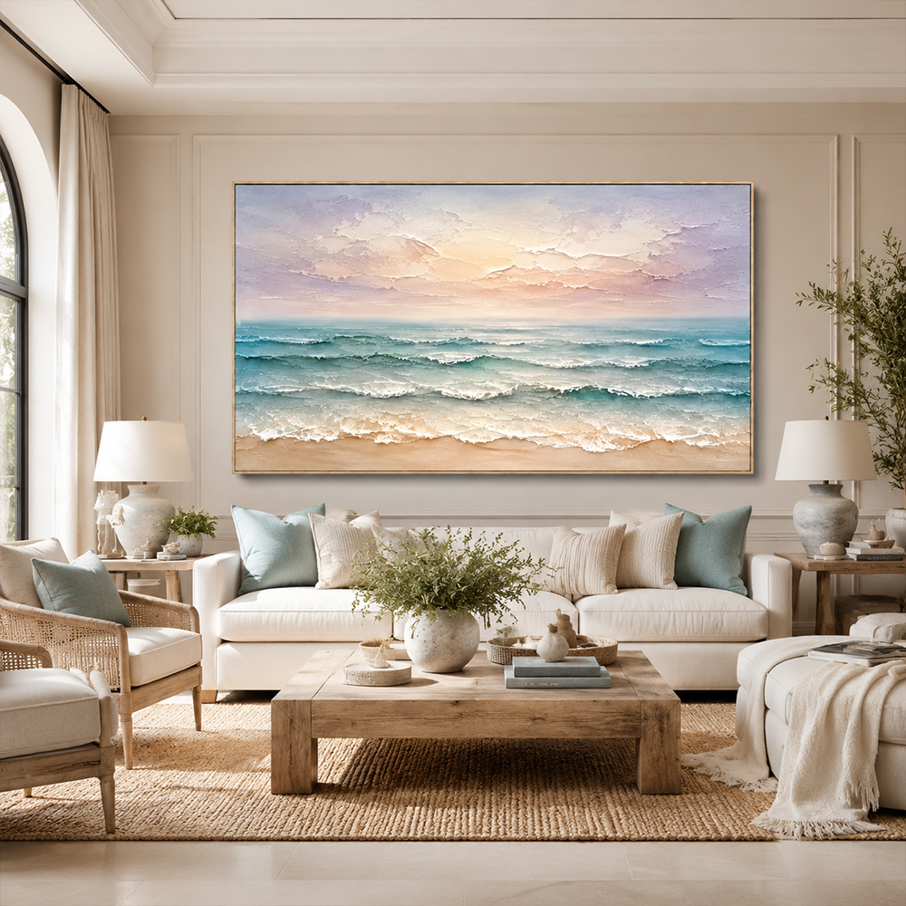 Texture Painting Art – Pastel Beach Waves Textured Handmade Oil Painting Wall Art