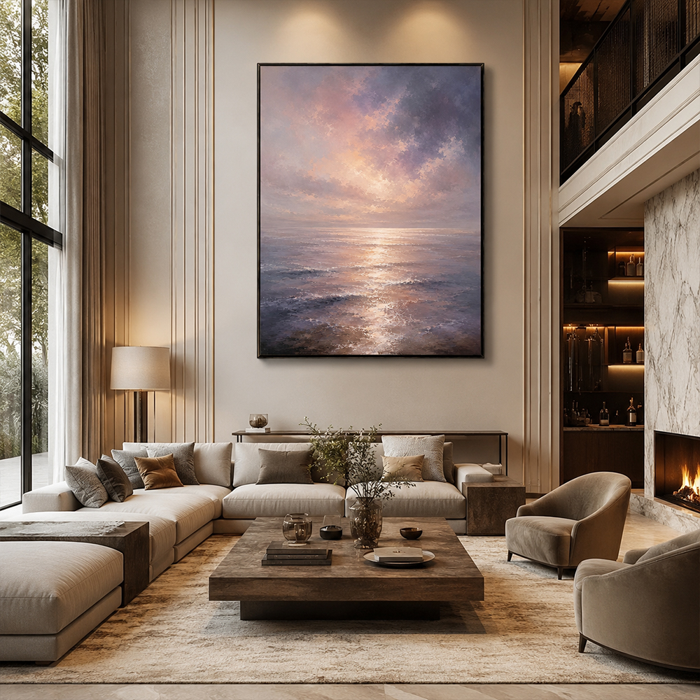 Minimalist Painting Art – Sunset Ocean Reflection Textured Handmade Oil Painting Wall Art