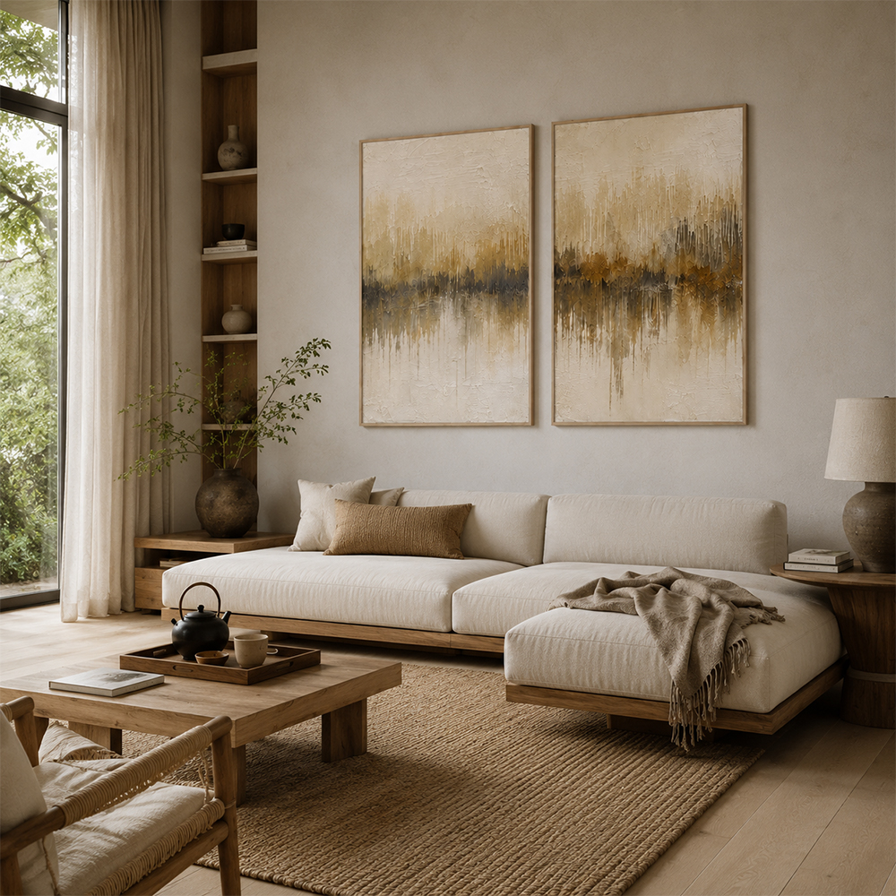 Abstract Wall Art – Neutral Forest Reflection Diptych