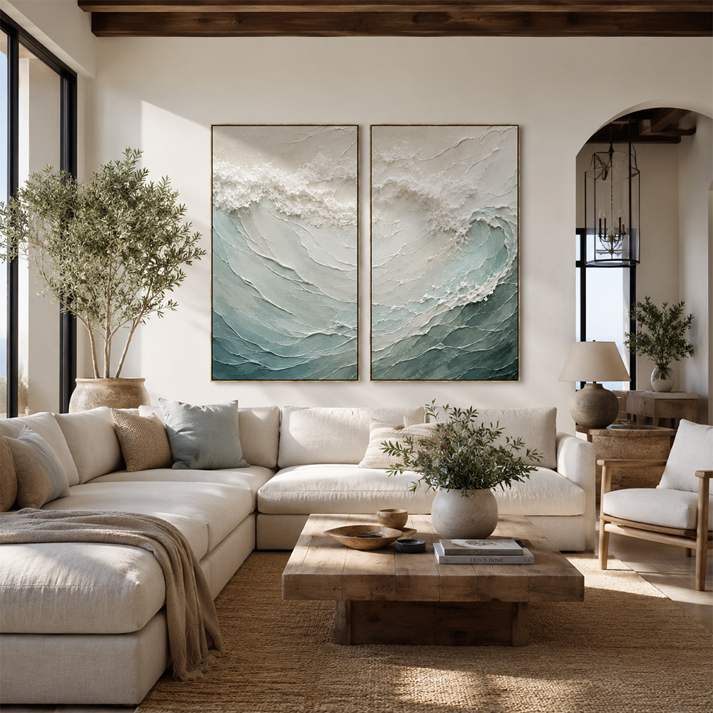 Minimalist Painting Art – Textured Ocean Wave Diptych