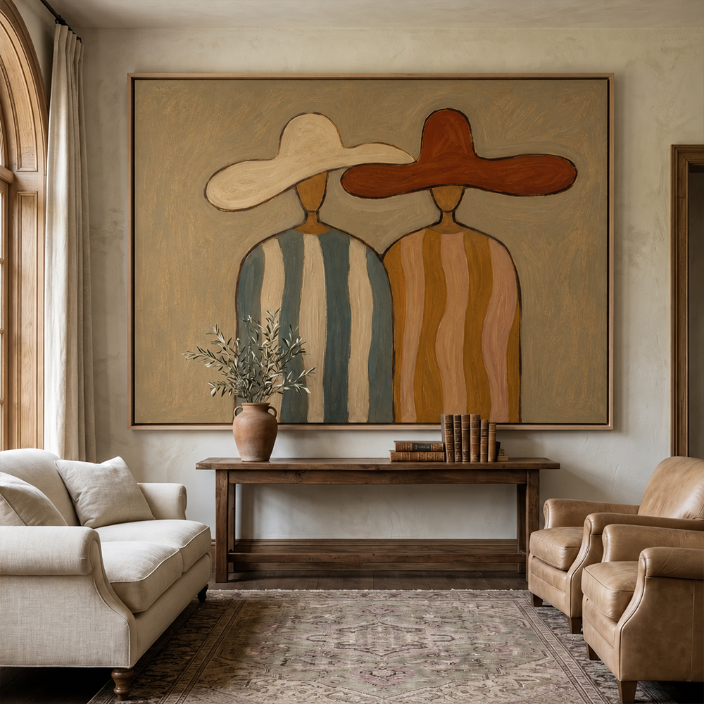 Vintage Americana Art – Earthy Minimalist Abstract Figure Handmade Textured Oil Painting Wall Art