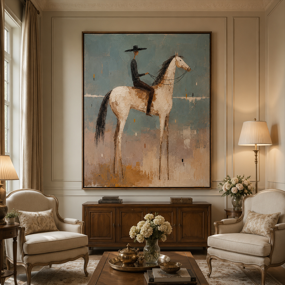 Vintage Americana Art – Textured Surreal Equestrian Handmade Oil Painting Wall Art