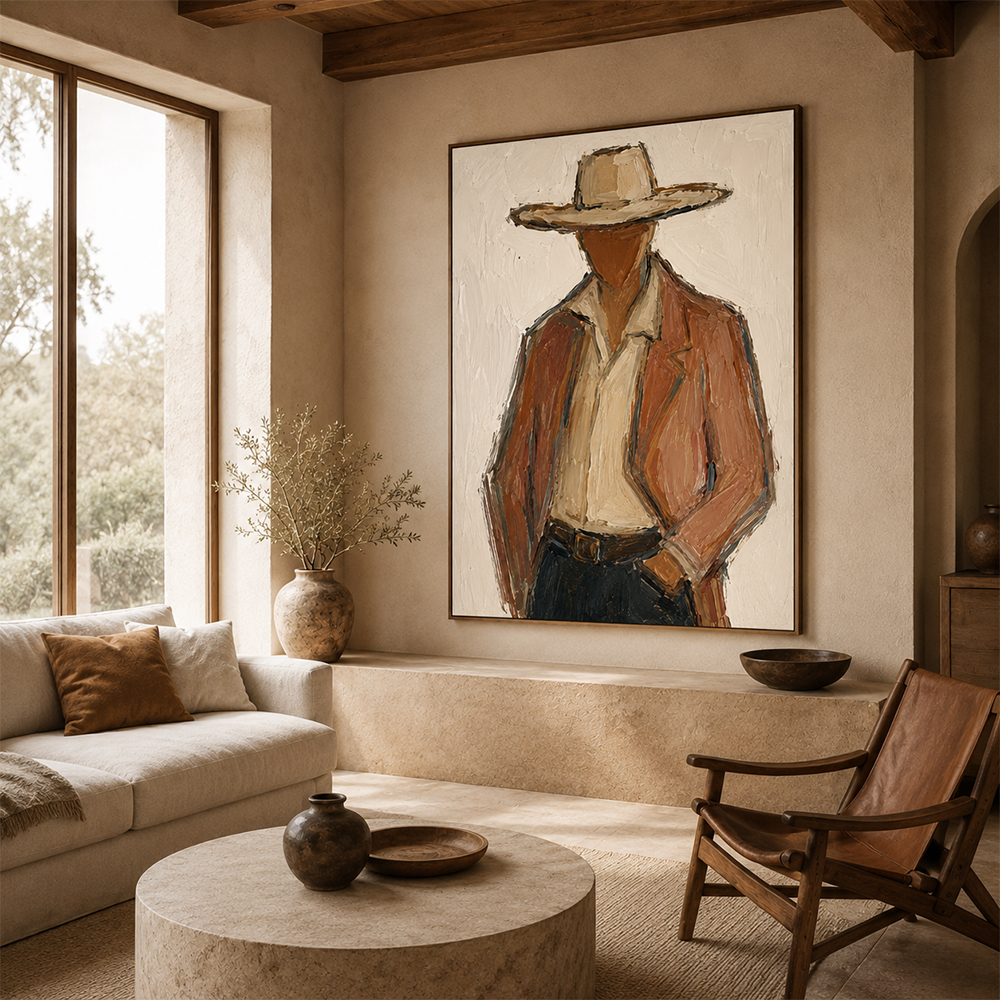 Vintage Americana Art – Textured Rustic Western Minimalist Handmade Oil Painting Wall Art