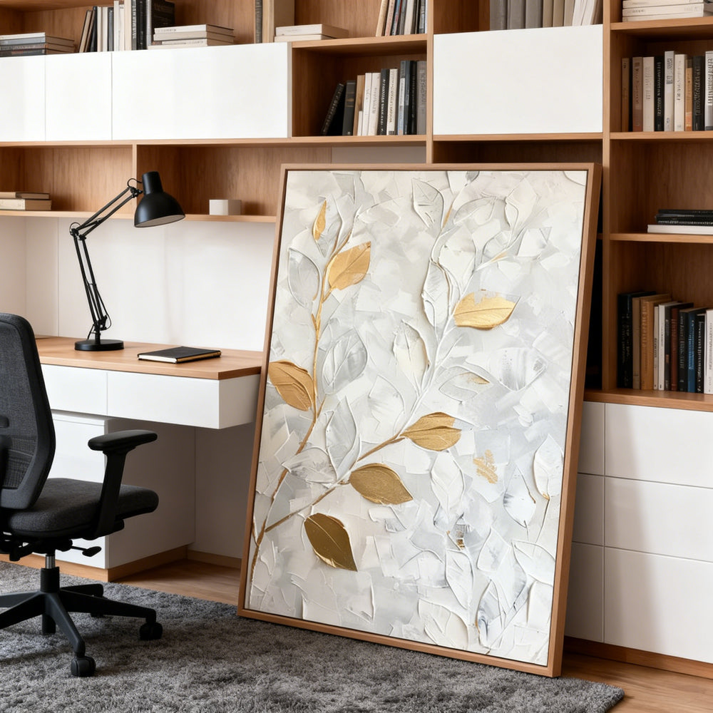 Still Veins– Hand-Painted Textured Floral Oil Painting Wall Art in White and Gold