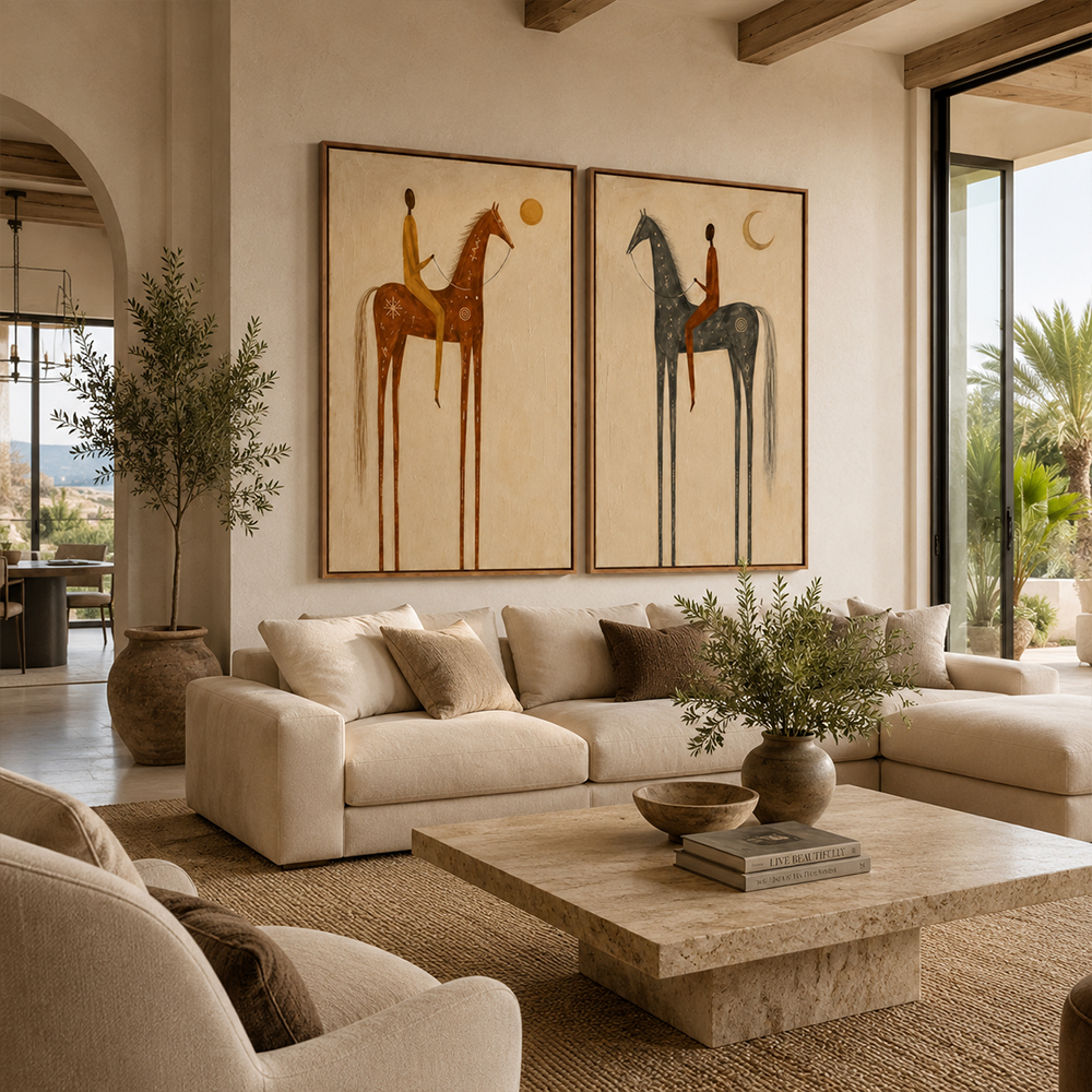 Vintage Americana Art – Sun & Moon Equestrian Diptych Textured Handmade Oil Painting Wall Art