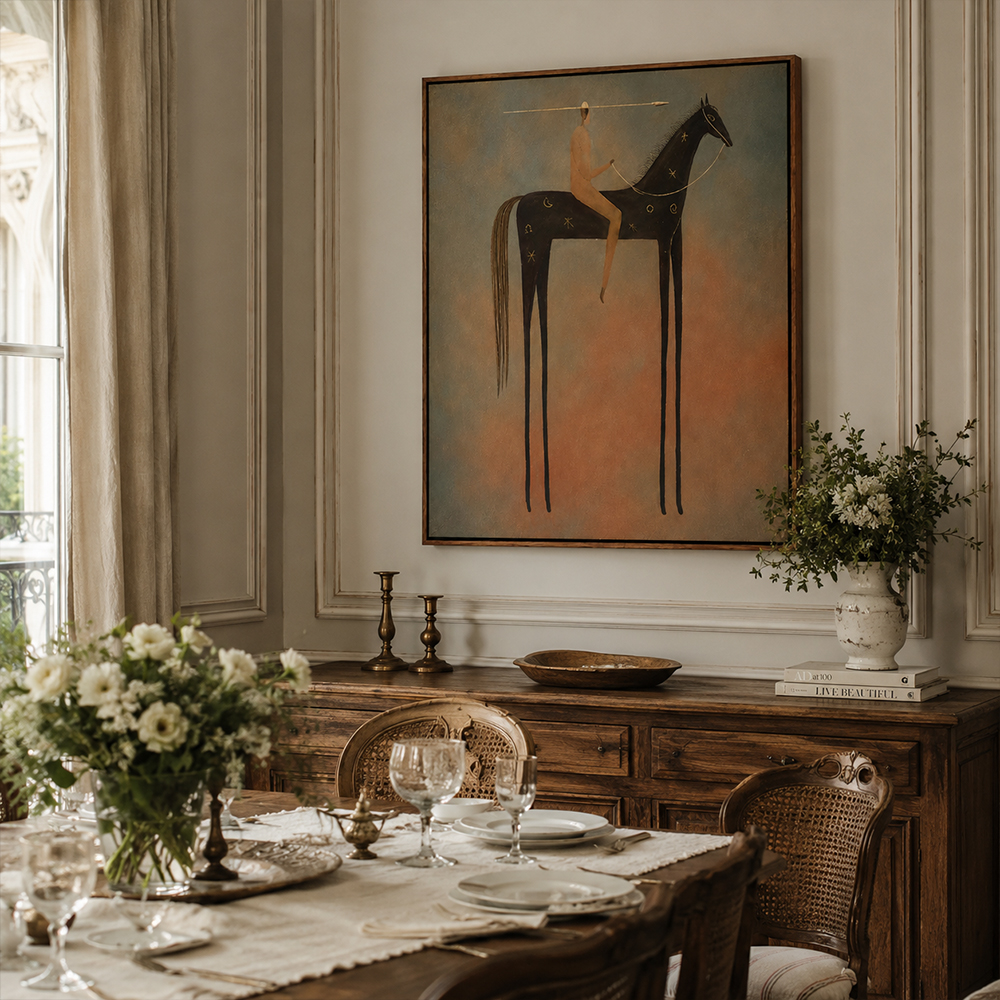 Vintage Americana Art – Celestial Starry Horse Rider Textured Handmade Oil Painting Wall Art