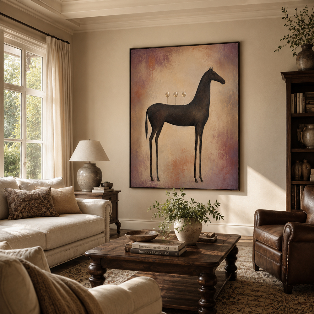 Vintage Americana Art – Slender Dark Horse with Wine Glasses Textured Handmade Oil Painting Wall Art