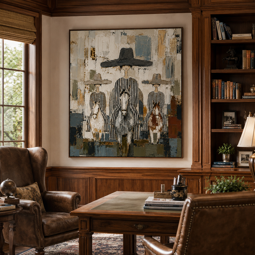 Vintage Americana Art – Three Striped Hat Ladies & Horses Textured Handmade Oil Painting Wall Art