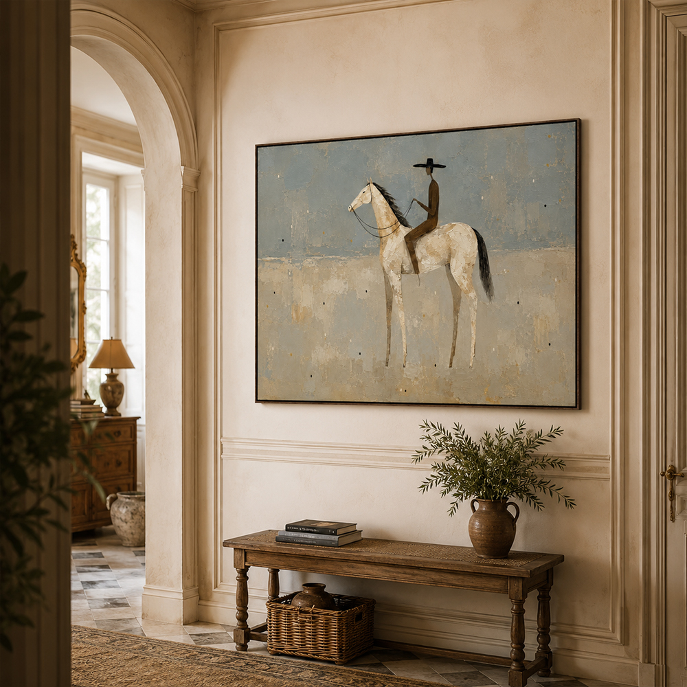 Vintage Americana Art – Pale Horse Rider Textured Handmade Oil Painting Wall Art