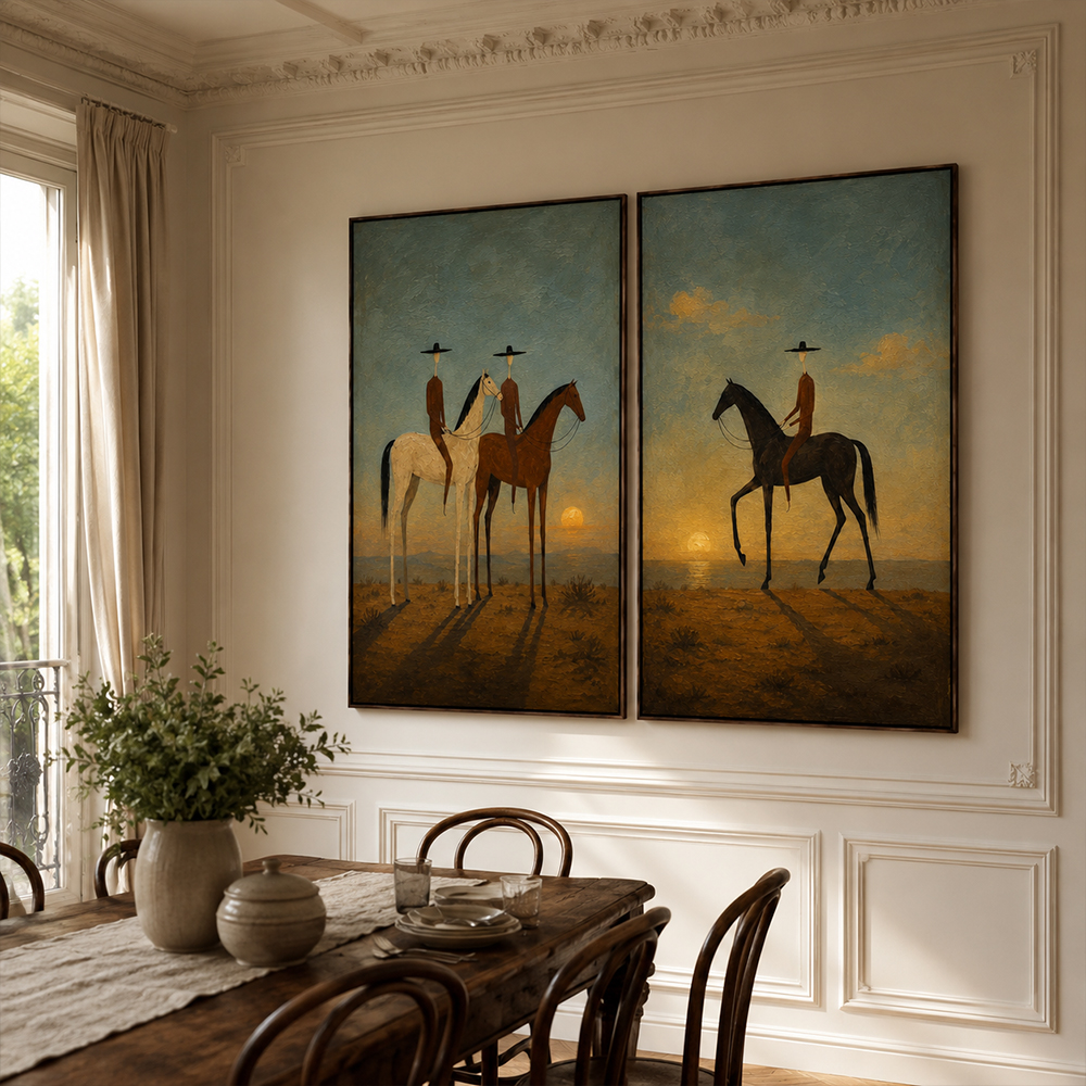 Vintage Americana Art – Sunset Cowboy Horse Diptych Textured Handmade Oil Painting Wall Art