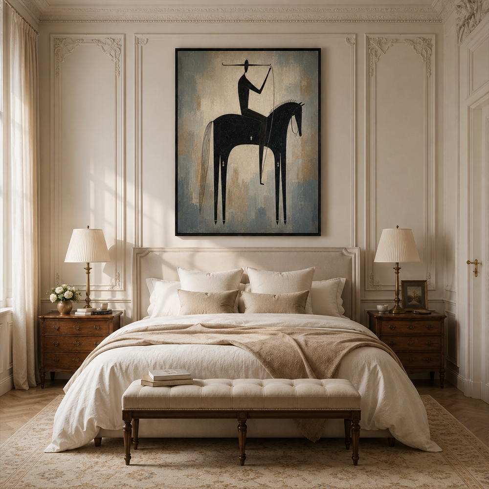 Vintage Americana Art – Primitive Black Horse Rider Textured Handmade Oil Painting Wall Art