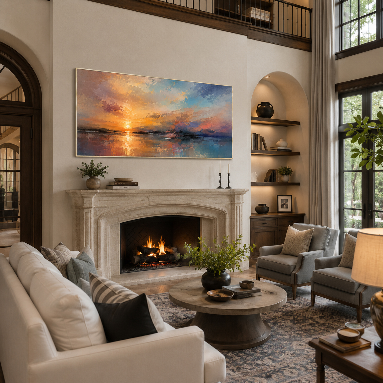 Abstract Wall Art – Sunset Lakescape Textured Handmade Oil Painting Wall Art