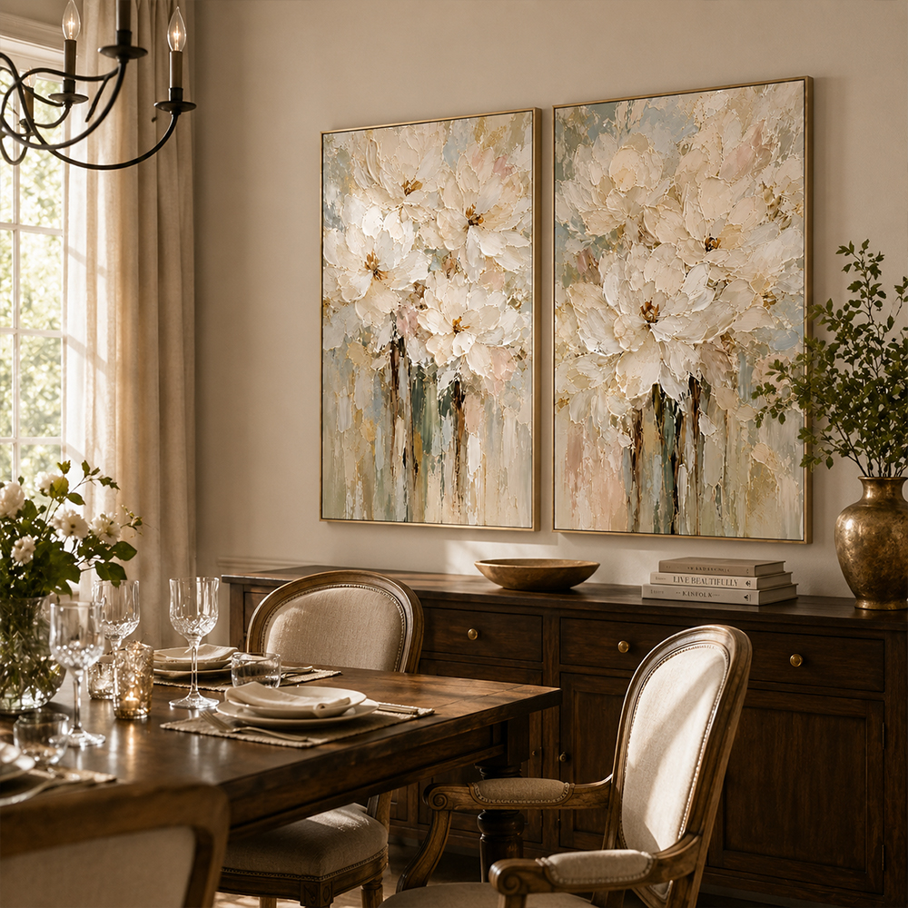 Abstract Wall Art – Cream Floral Textured Handmade Oil Painting Wall Art