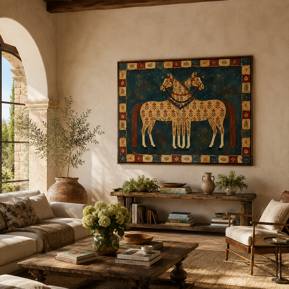 Vintage Americana Art – Folk Twin Horses Textured Handmade Oil Painting Wall Art