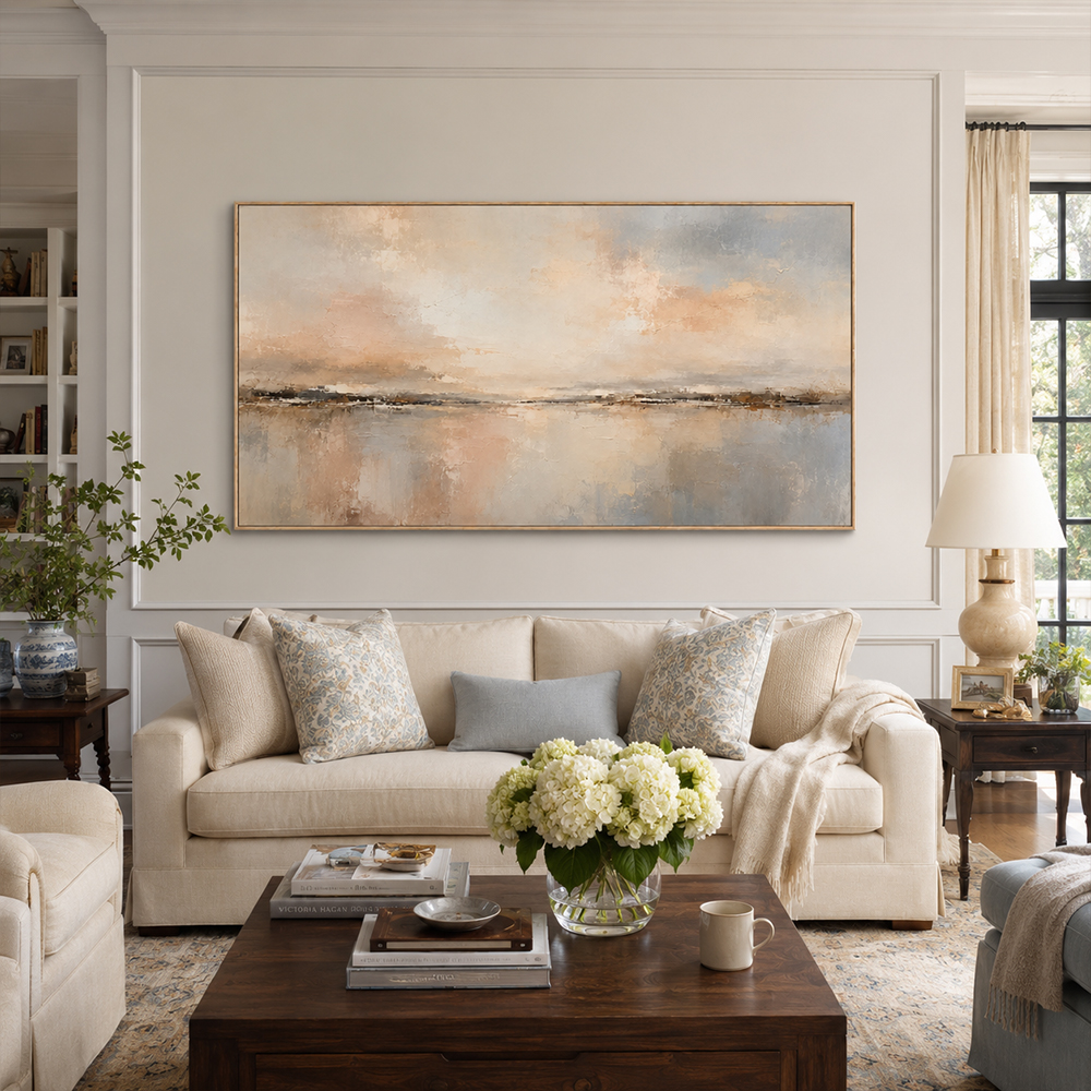 Abstract Wall Art – Neutral Lakescape Textured Handmade Oil Painting Wall Art