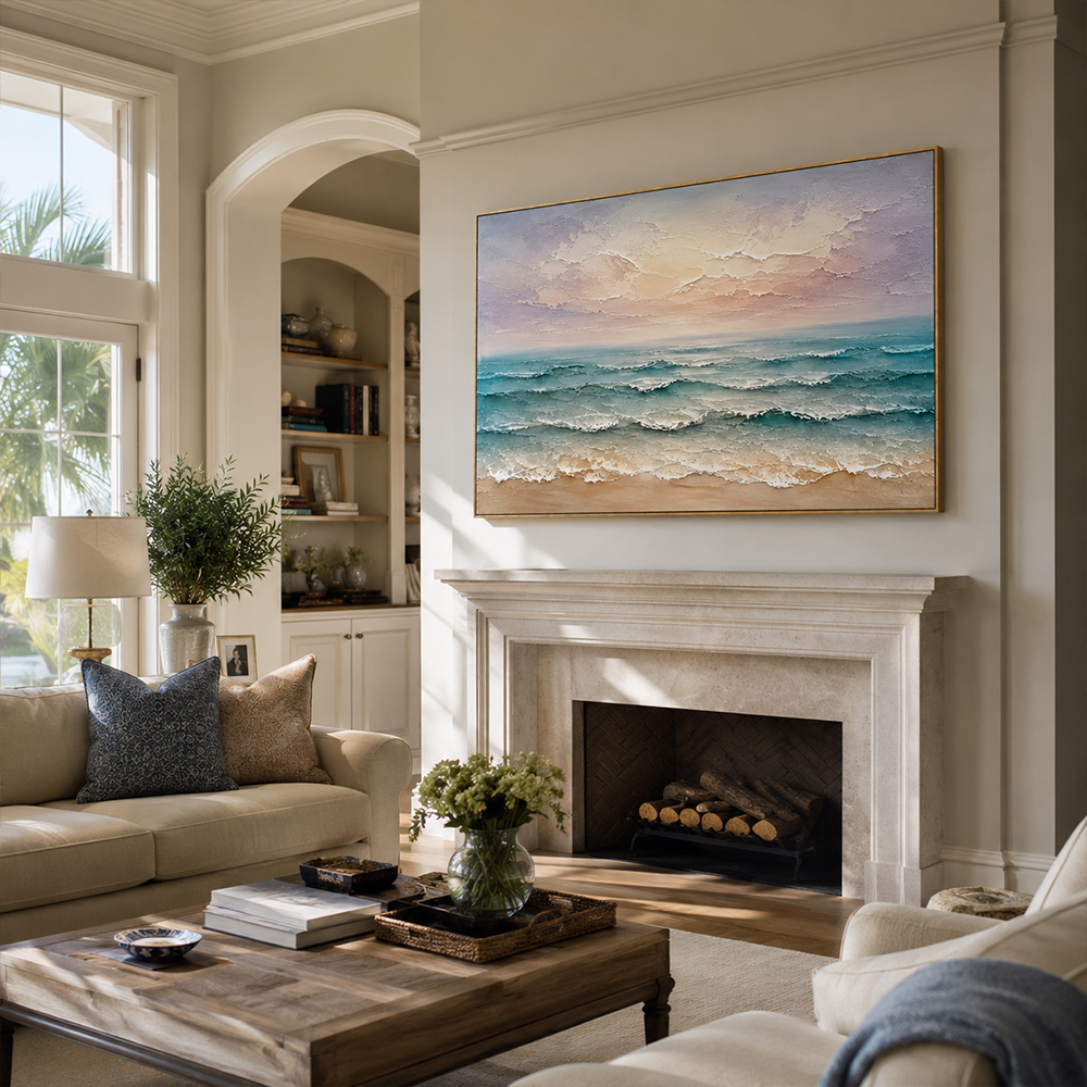Texture Painting Art – Pastel Beach Waves Textured Handmade Oil Painting Wall Art