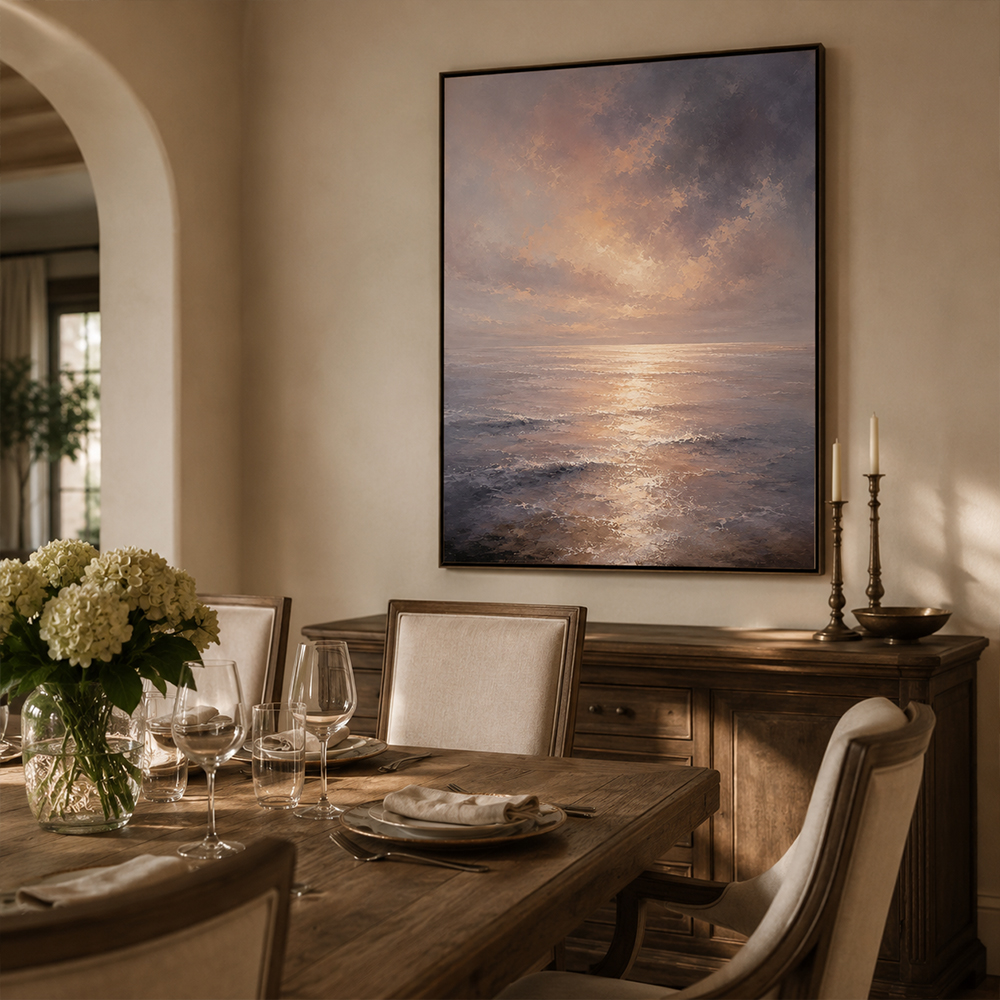 Minimalist Painting Art – Sunset Ocean Reflection Textured Handmade Oil Painting Wall Art