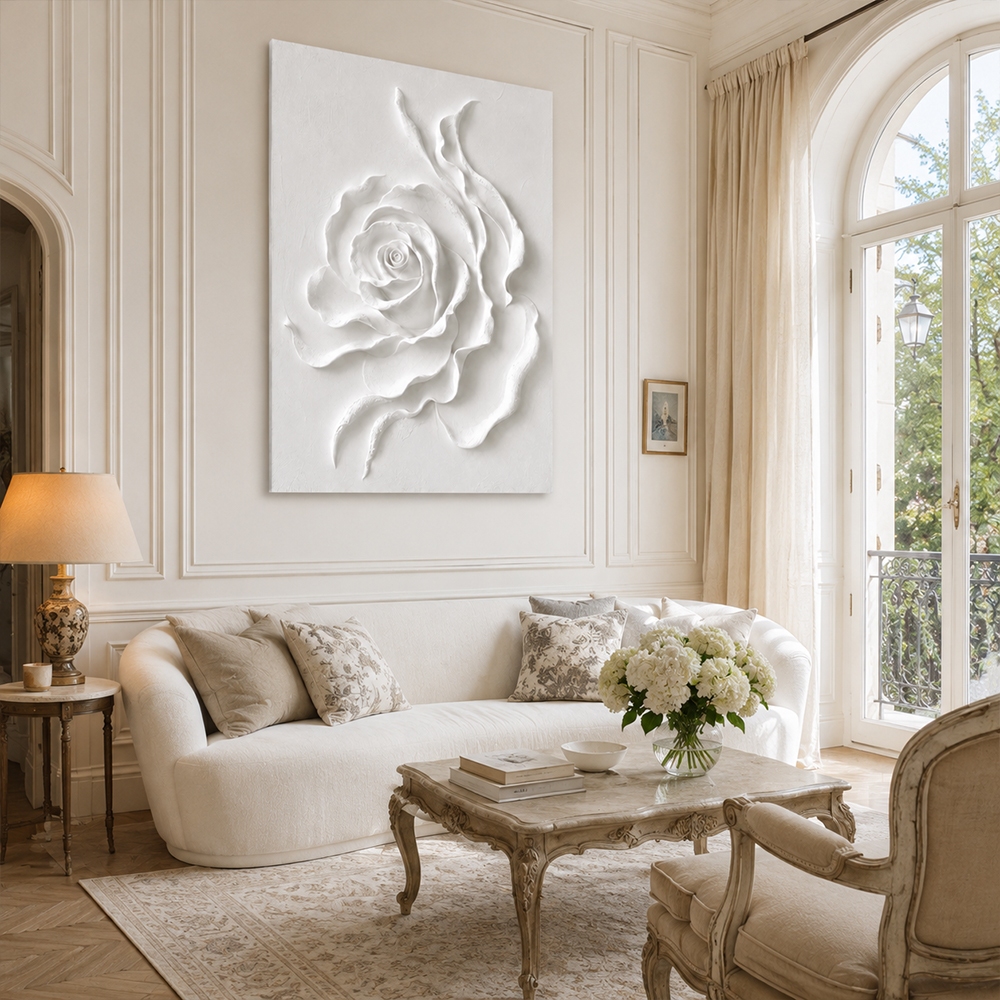 Minimalist Painting Art – Textured White Rose Relief