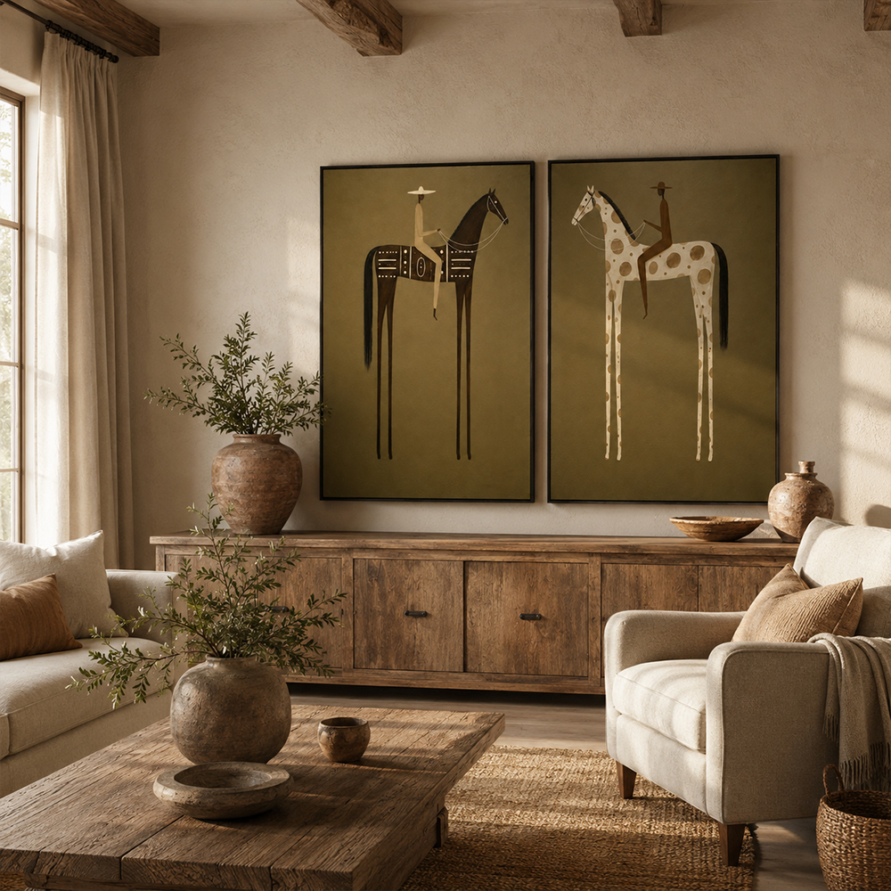 Vintage Americana Art – Earthy Minimalist Abstract Figure Handmade Textured Oil Painting Wall Art
