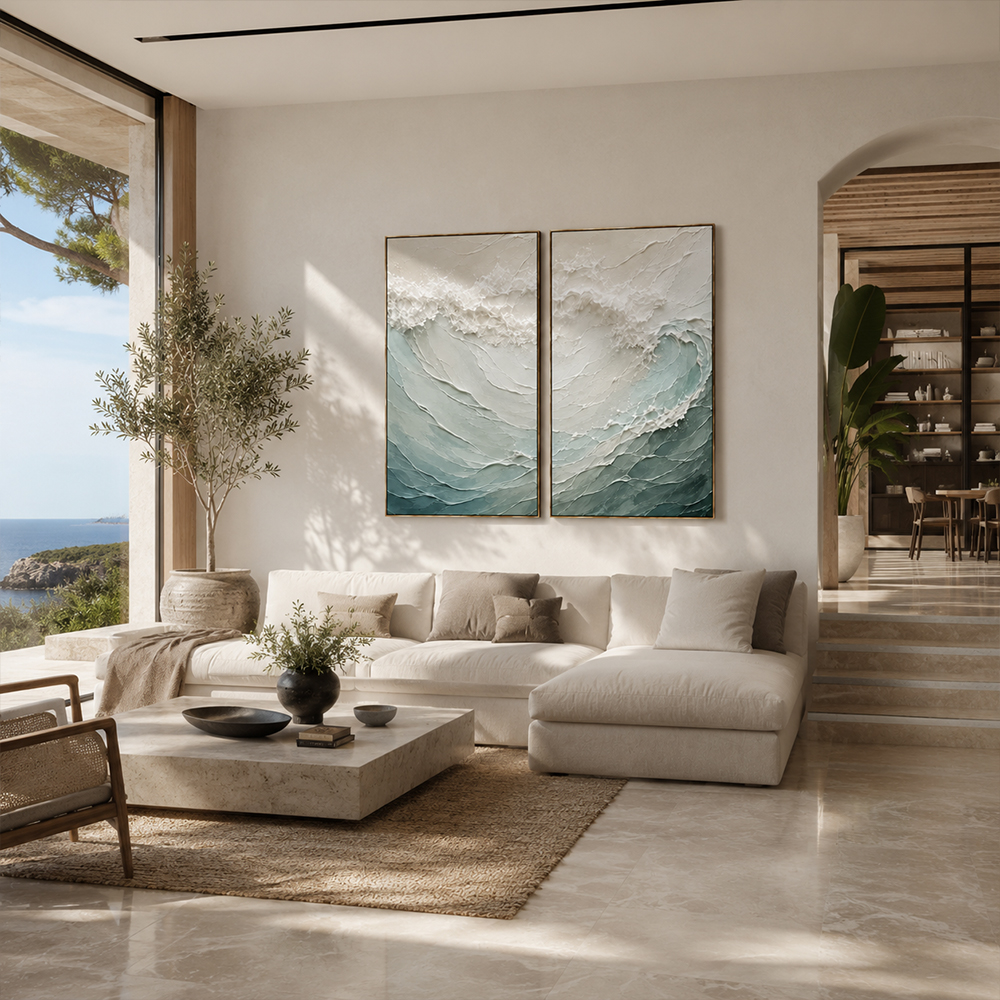 Minimalist Painting Art – Textured Ocean Wave Diptych
