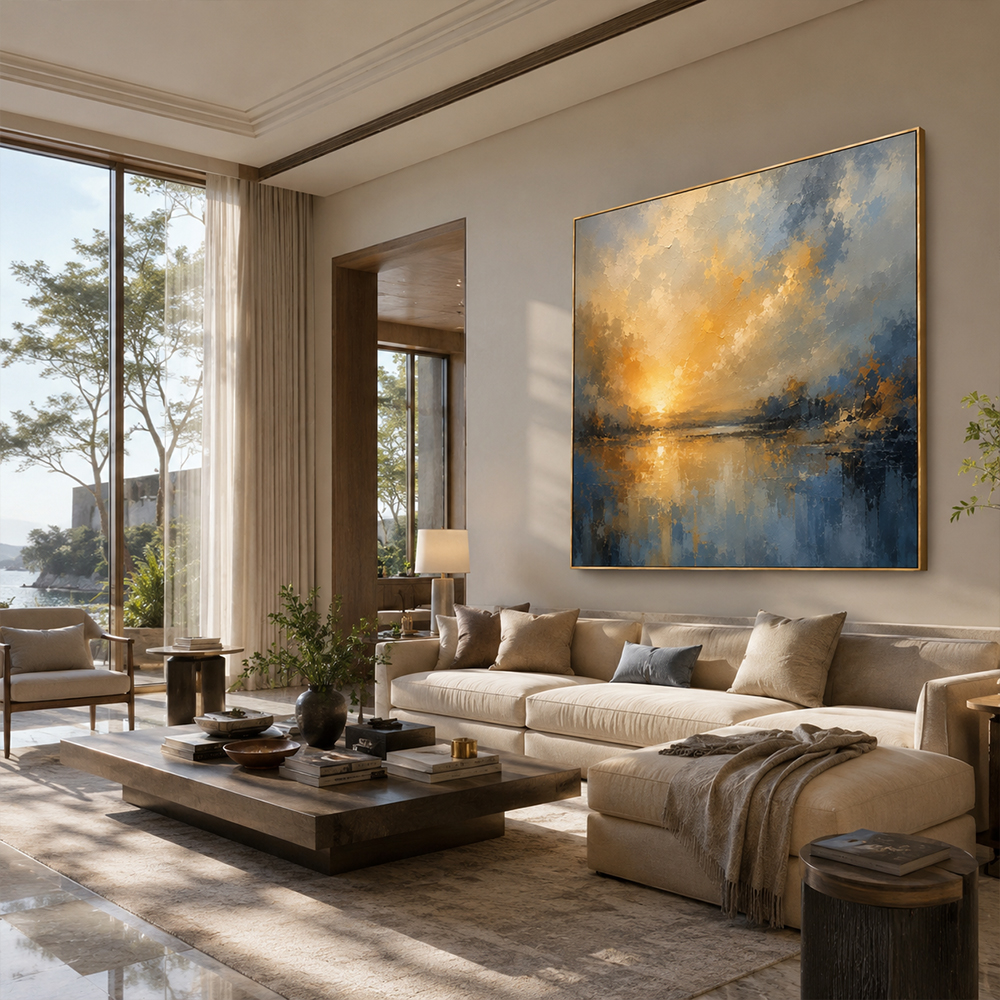[Copy]Abstract Wall Art – Neutral Lakescape Textured Handmade Oil Painting Wall Art