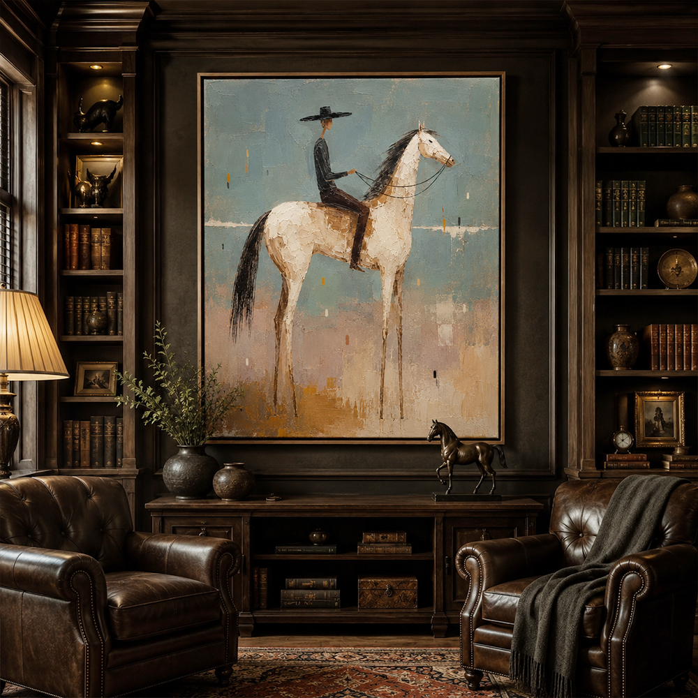 Vintage Americana Art – Textured Surreal Equestrian Handmade Oil Painting Wall Art