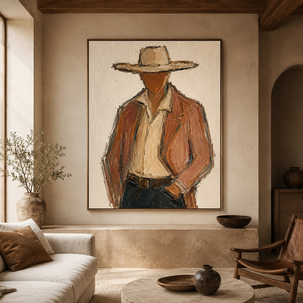 Vintage Americana Art – Textured Rustic Western Minimalist Handmade Oil Painting Wall Art