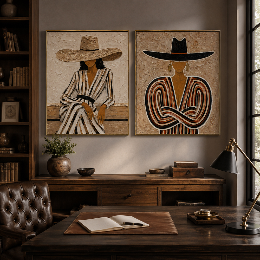 [Copy]Vintage Americana Art – Handmade Woman & Dark Horse Textured Oil Painting