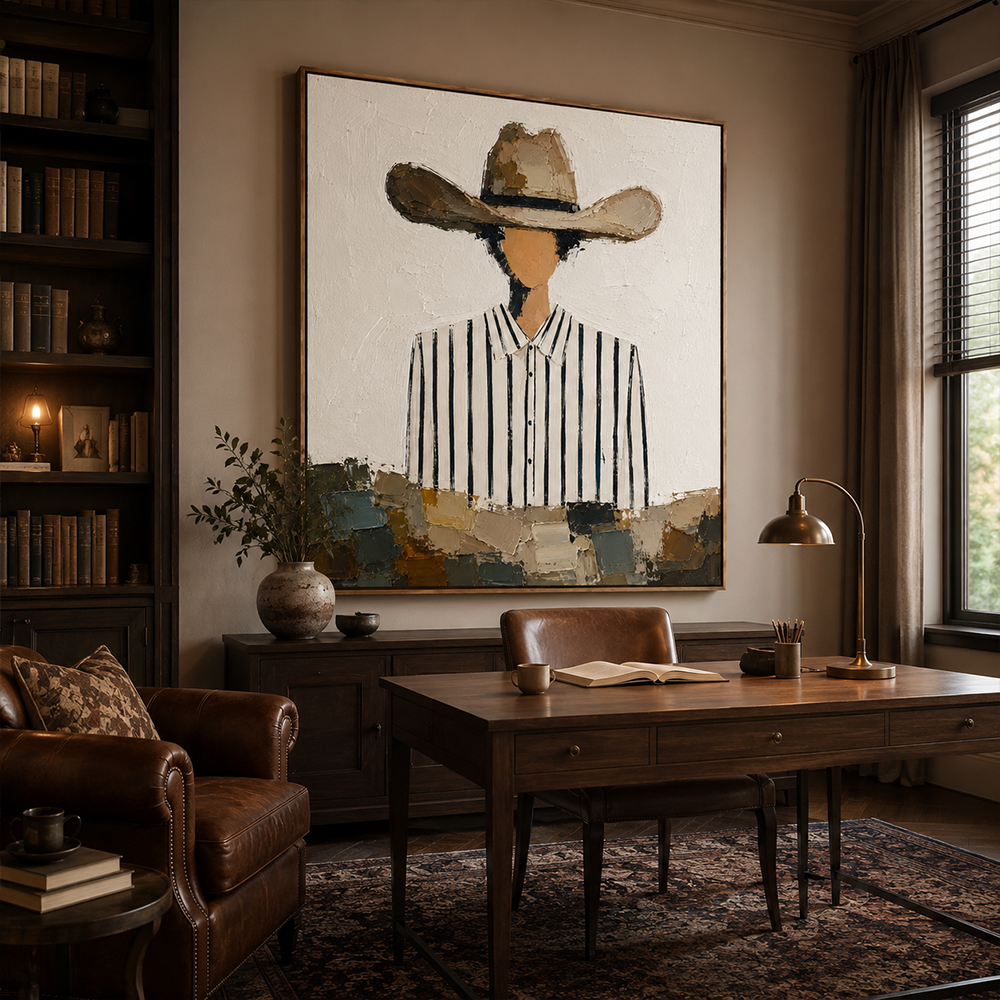 Vintage Americana Art – Striped Shirt Cowboy Textured Handmade Oil Painting Wall Art