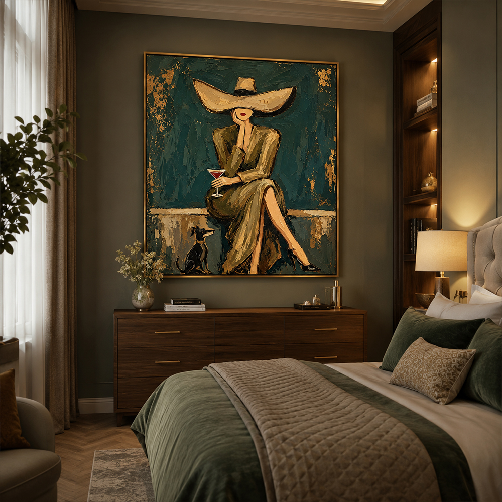 Vintage Americana Art – Hat Lady with Cocktail & Dog Textured Handmade Oil Painting Wall Art
